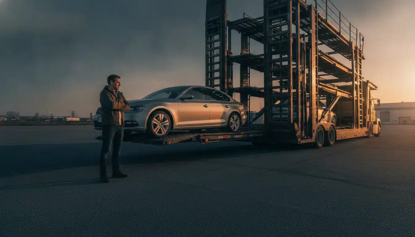 Man standing next to loaded car carrier truck in industrial parking area at sunset