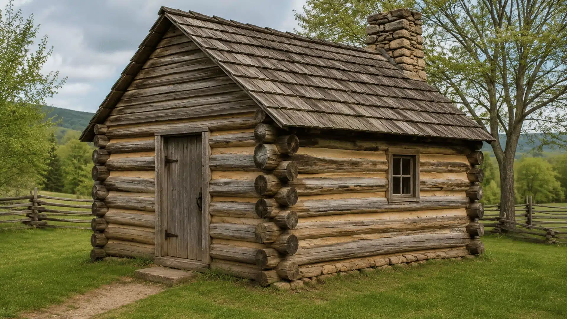 Weathered log cabin with wooden roof, grassy yard, trees, and hills in the background