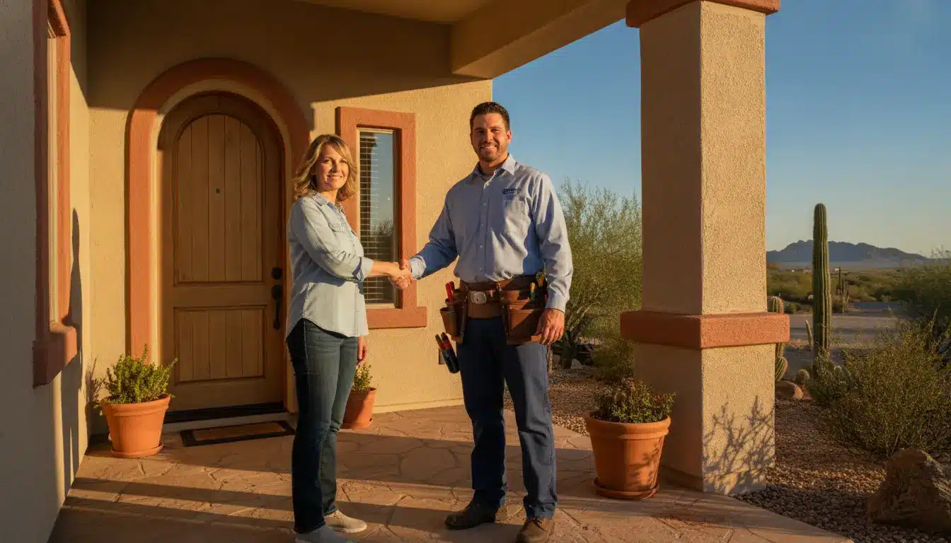 Homeowner shaking hands with repairman on porch, surrounded by desert landscape and potted plants