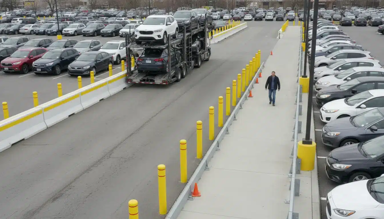 Car transporter truck in parking lot with rows of parked cars and pedestrian on sidewalk