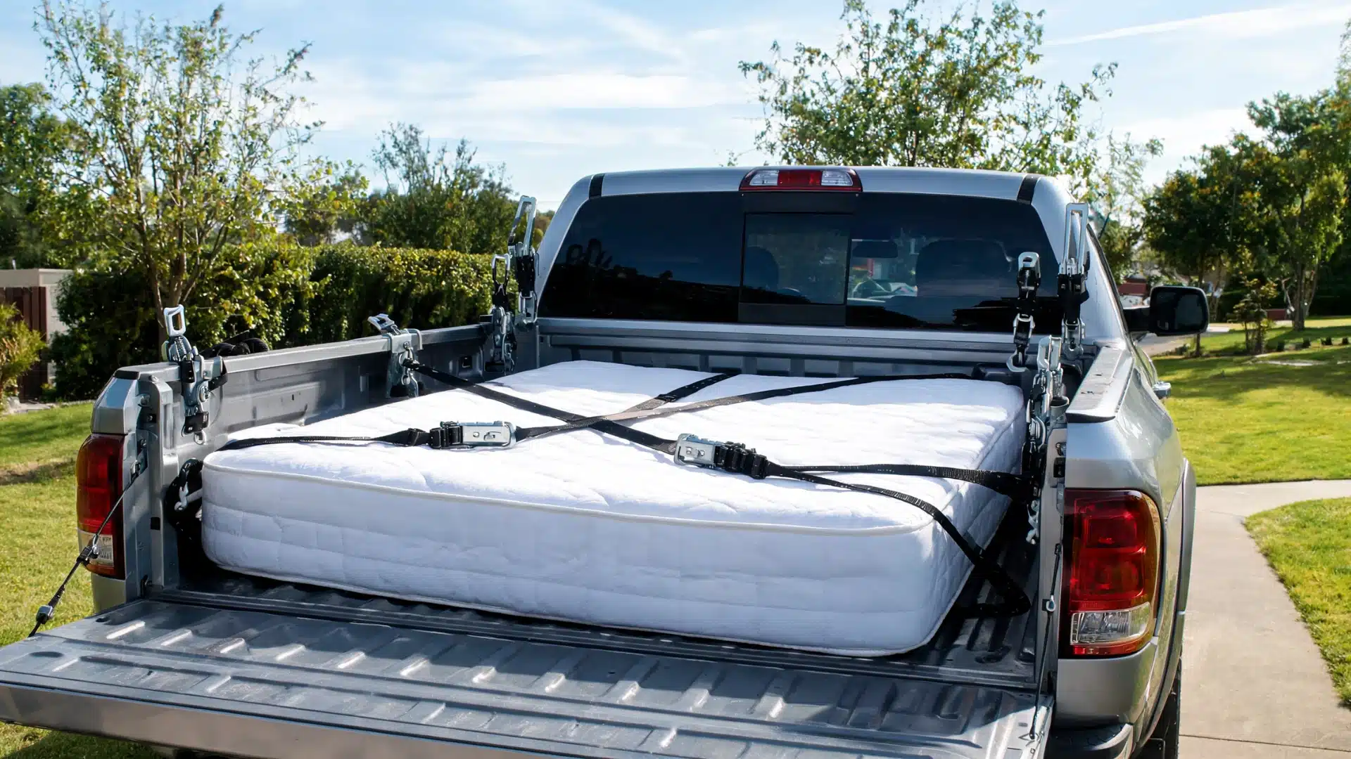 two movers securing a mattress in the bed of a pickup truck outdoors with ratchet straps