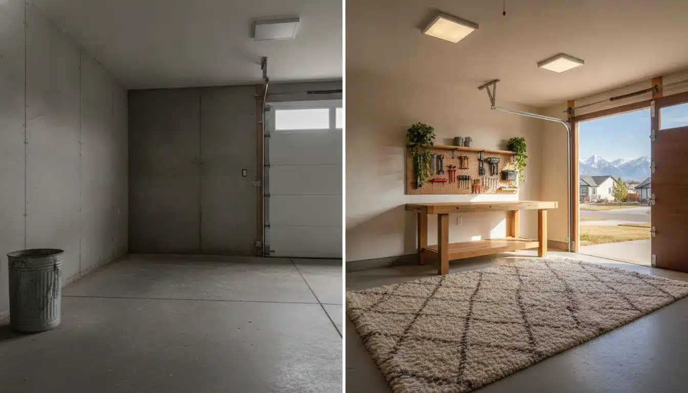 Empty garage with concrete walls and floor contrasted with bright workshop setup featuring tools and rug