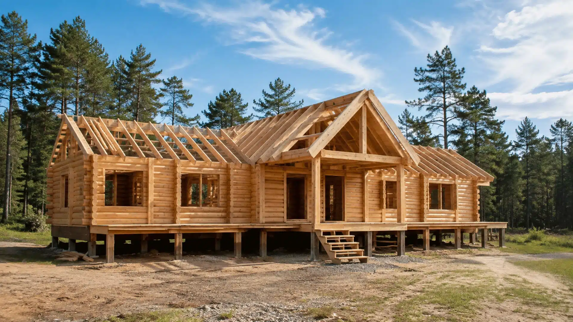 Log cabin under construction with exposed roof framing, stacked logs, raised supports, and forest surroundings