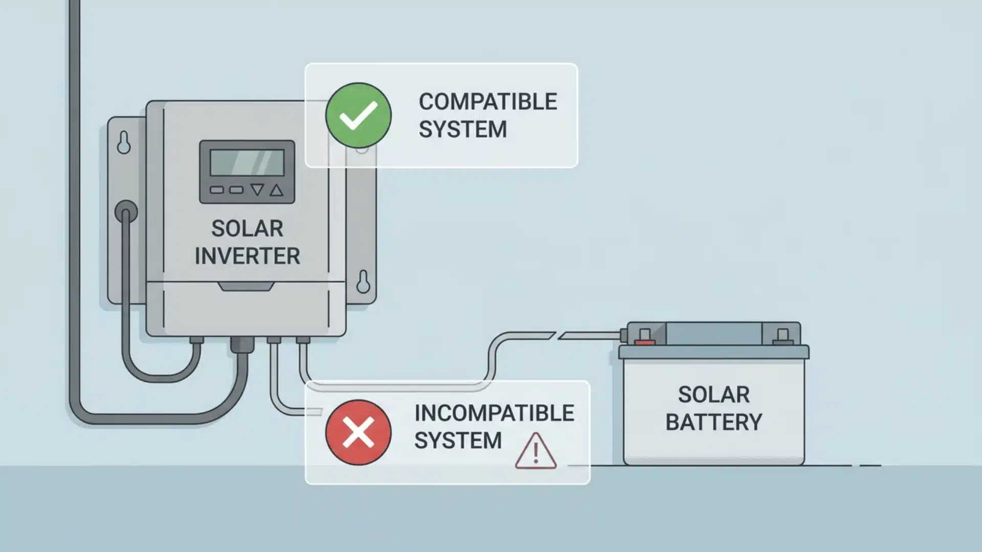 Illustration of an inverter being checked for compatibility with a solar battery, with status indicators for compatibility.