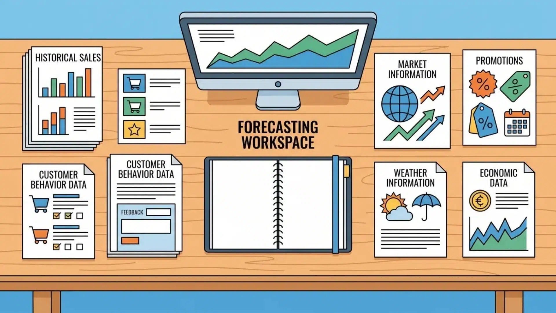 Illustration of sales, customer, market, promotion, weather, and economic data used for demand forecasting