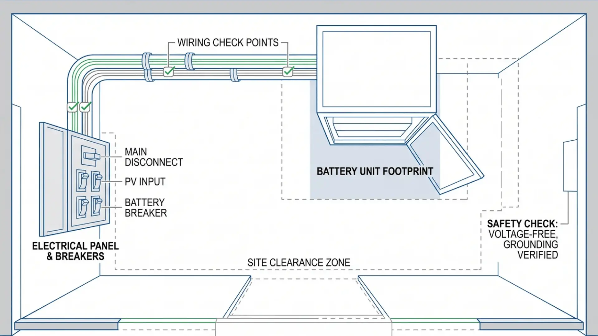 Illustration showing site preparation and safety checks for solar battery installation, including wiring and space clearance.