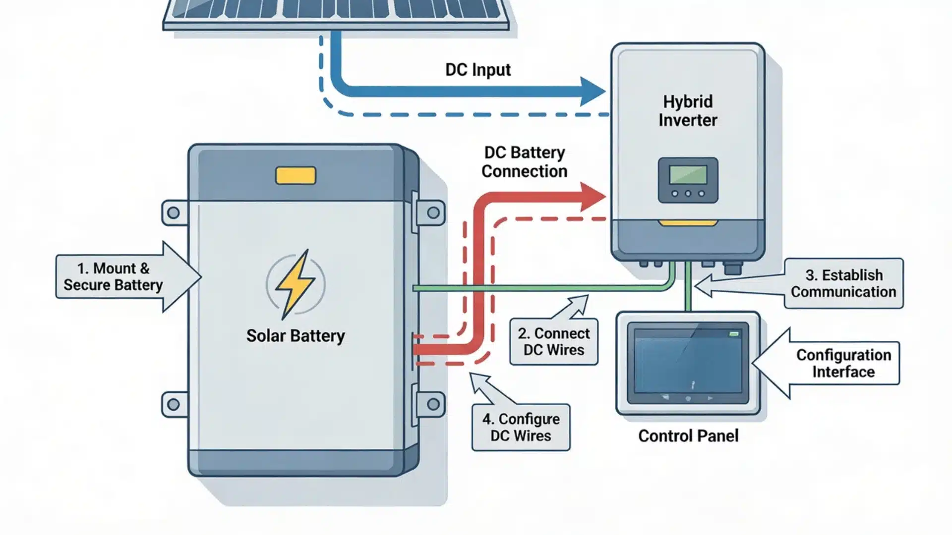Illustration showing the installation and configuration of a solar battery, with connections to the solar system and control settings.