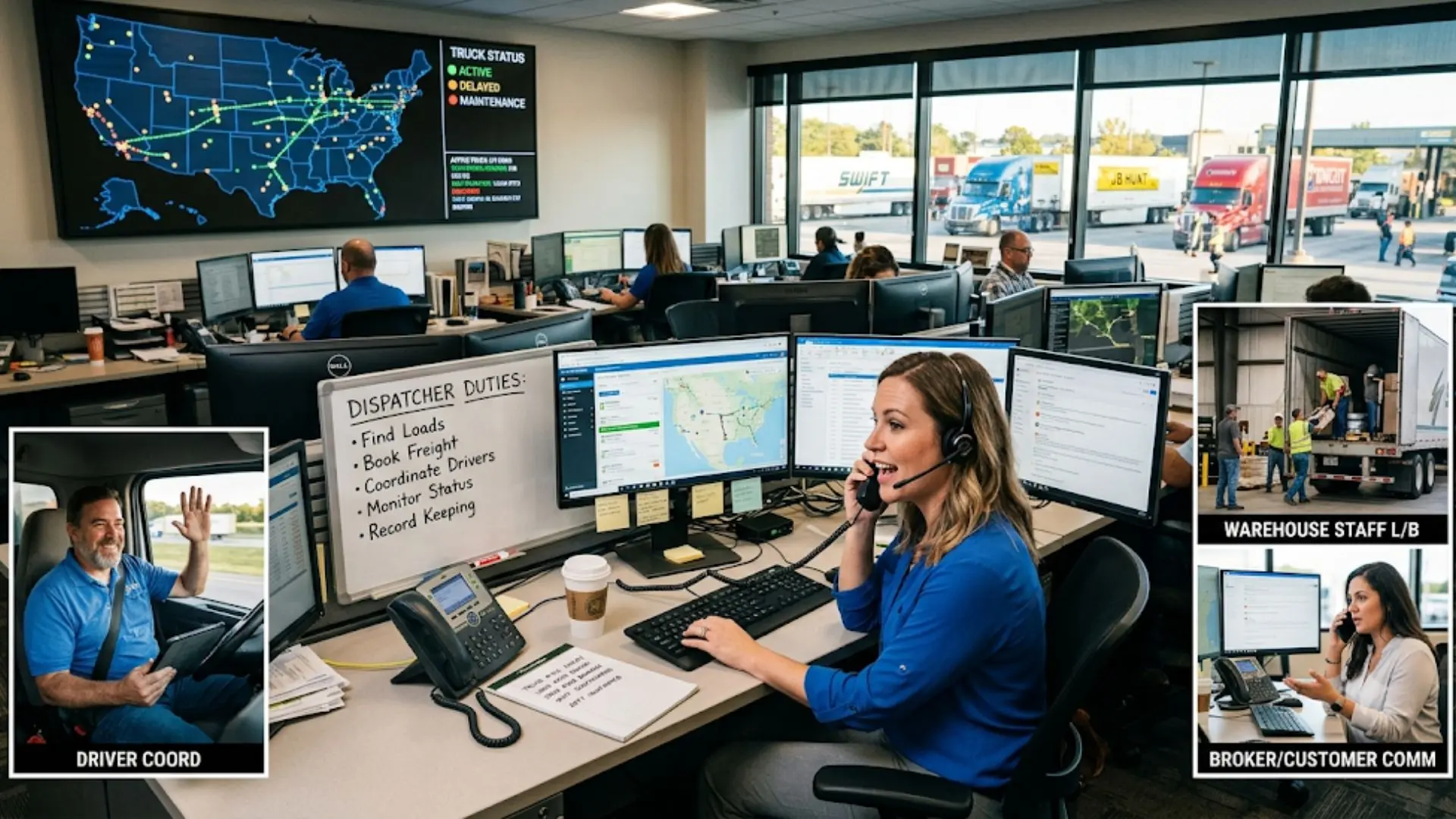 image showing a busy dispatch center office, with inset photos of a truck driver, warehouse staff, and a broker, illustrating roles in the trucking logistics chain