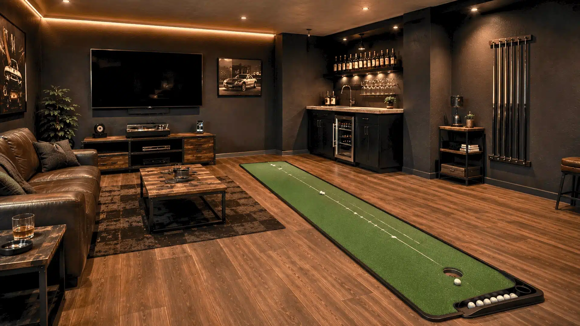 Indoor putting mat with ball return on a wood floor inside a dark man cave with TV, bar, and leather seating.