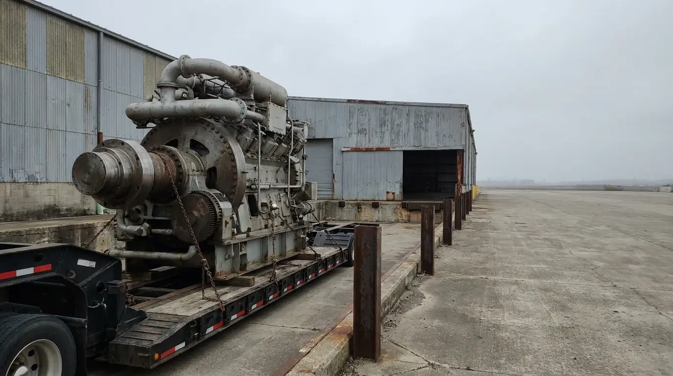 Large industrial generator mounted on a flatbed trailer outside a weathered warehouse on overcast day