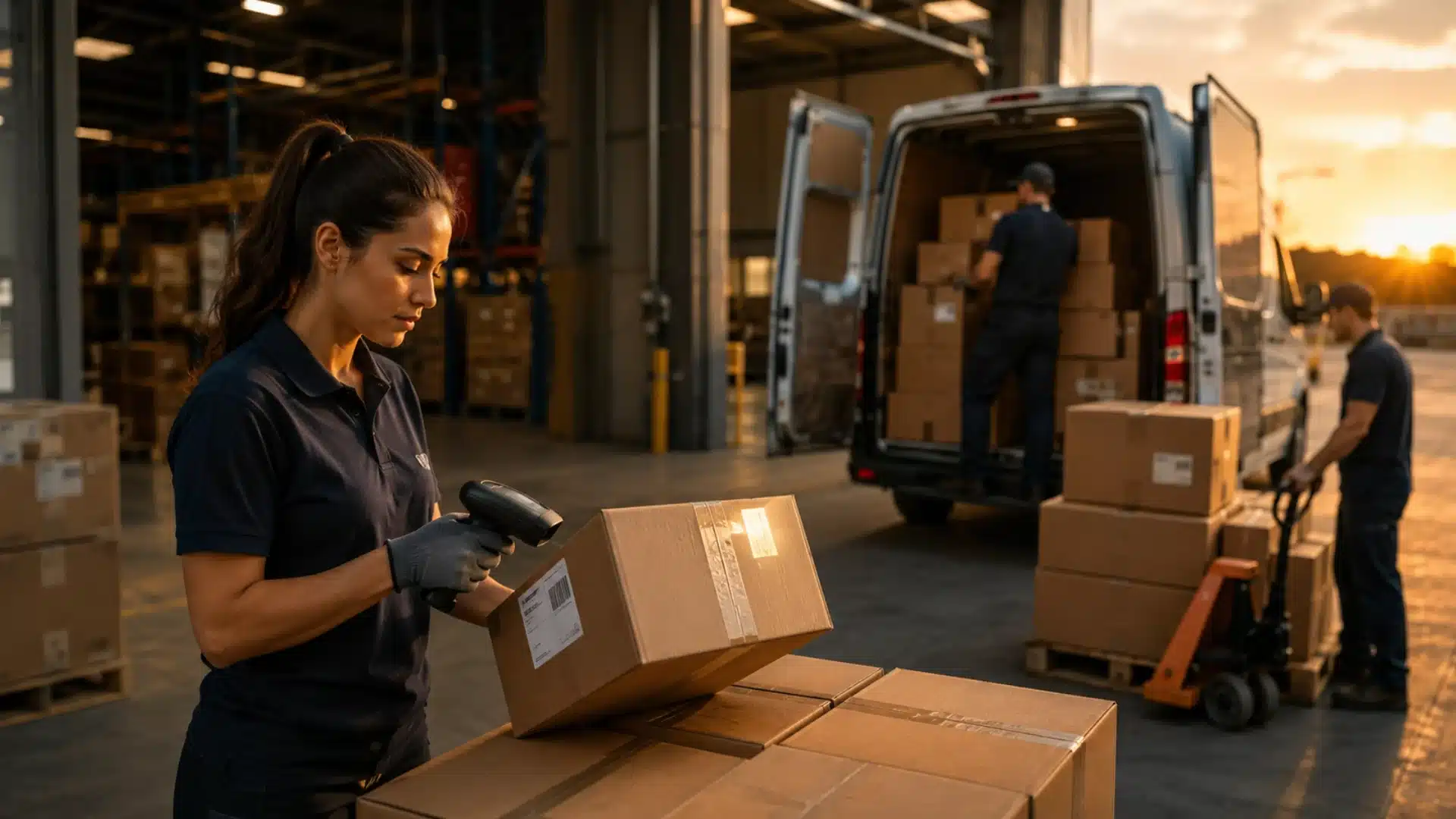 Warehouse workers loading and scanning packages during the first mile logistics stage