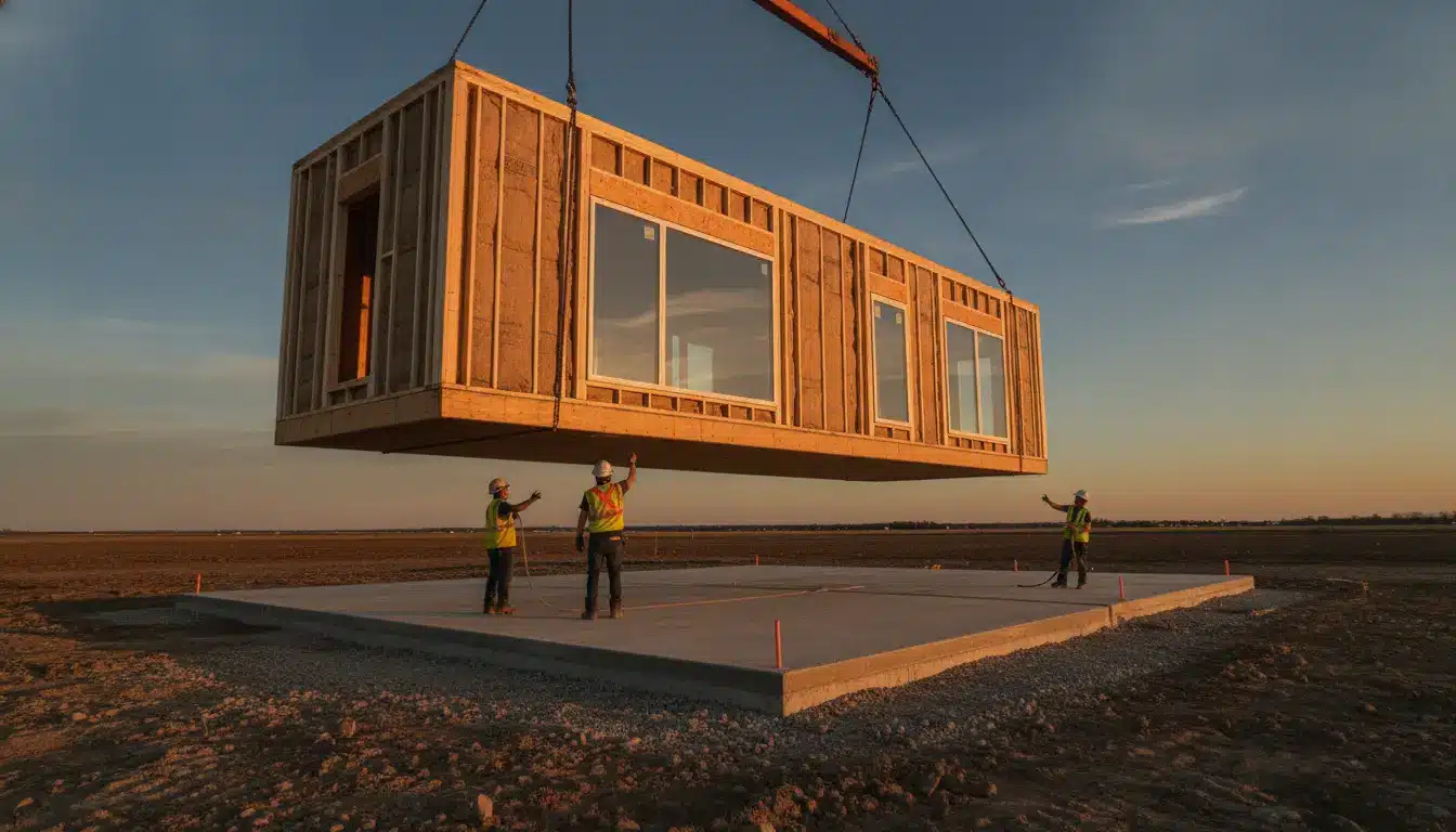Modular building section being installed by crane on construction site at sunset