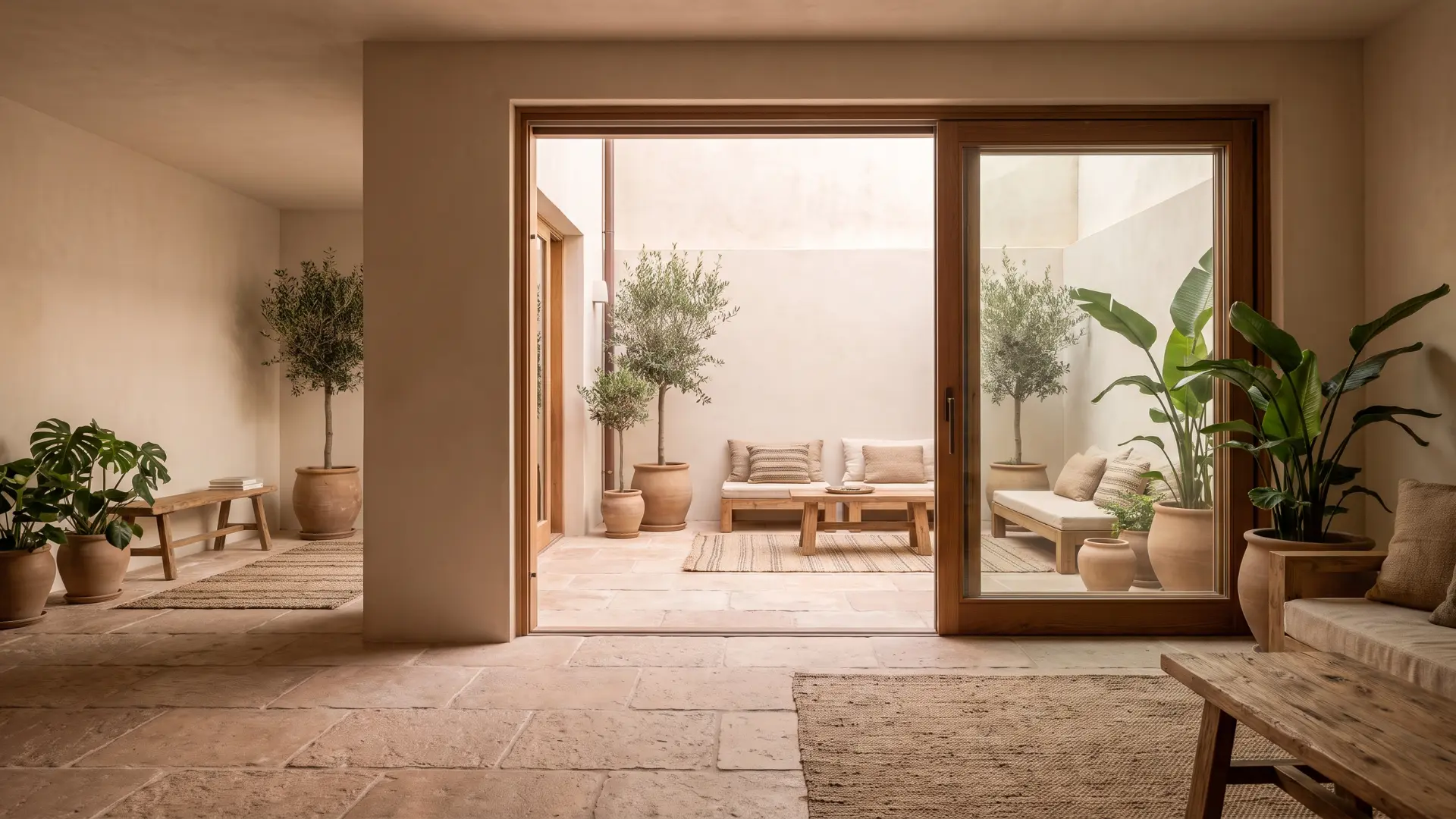 Interior room and small patio using matching colors, materials, and textures across an open doorway