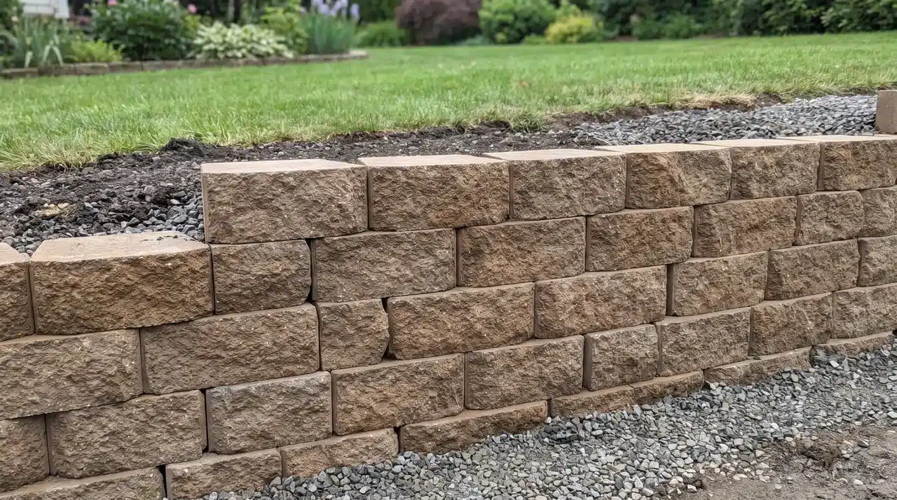 Interlocking concrete block retaining wall with staggered courses and gravel backfill