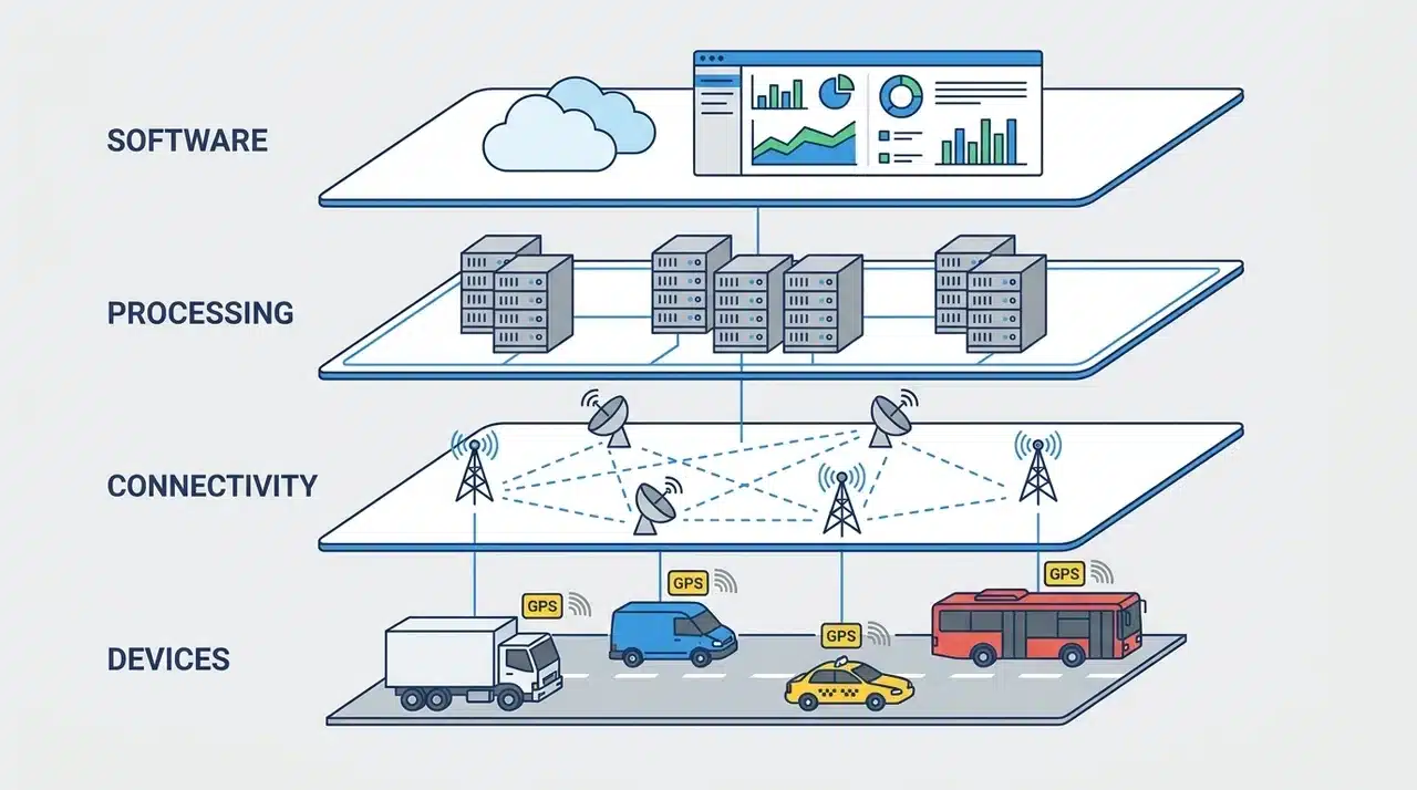 Diagram showing four connected layers of an IoT fleet management system