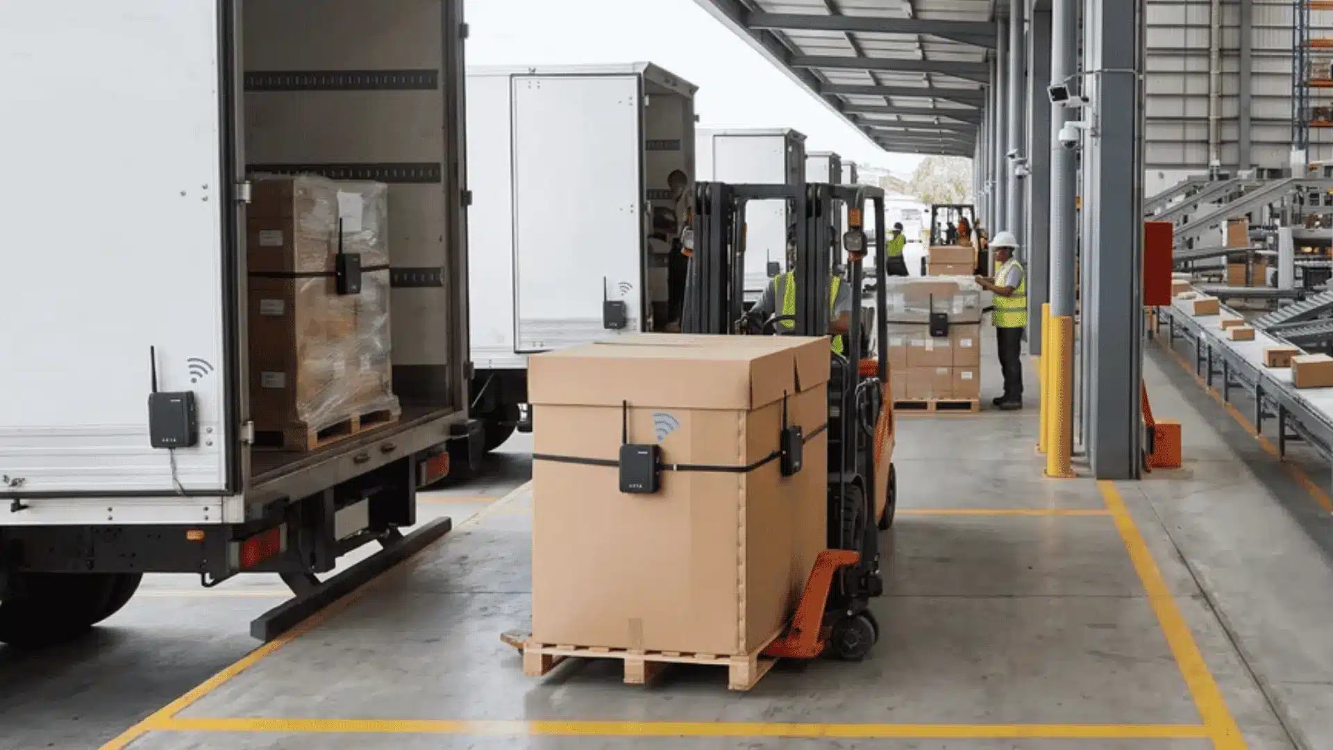 IoT sensors and tracking devices being used across a real logistics warehouse and shipment operation