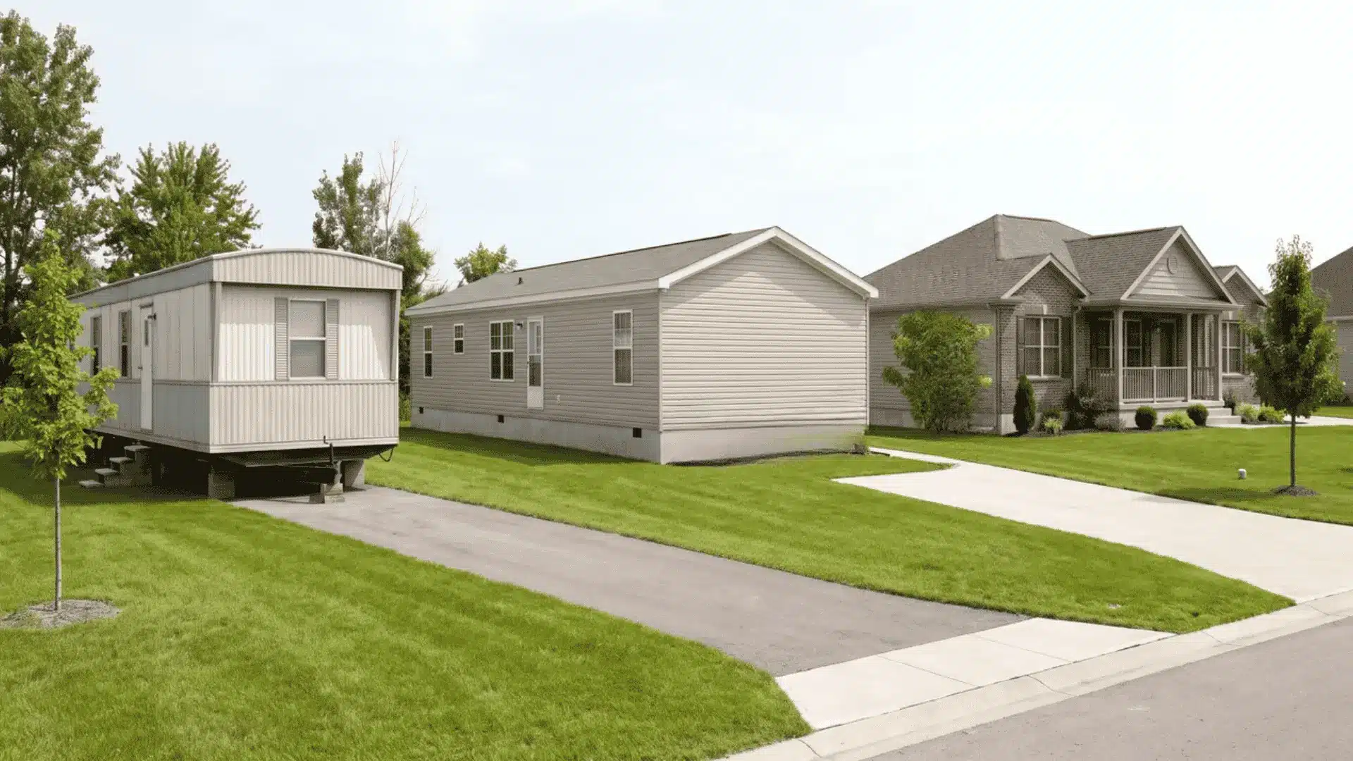 Three factory-built homes side by side on suburban lots, mobile manufactured and modular styles