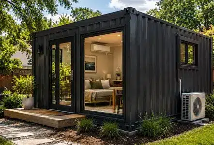 Modern black container home exterior with large windows in a lush garden setting