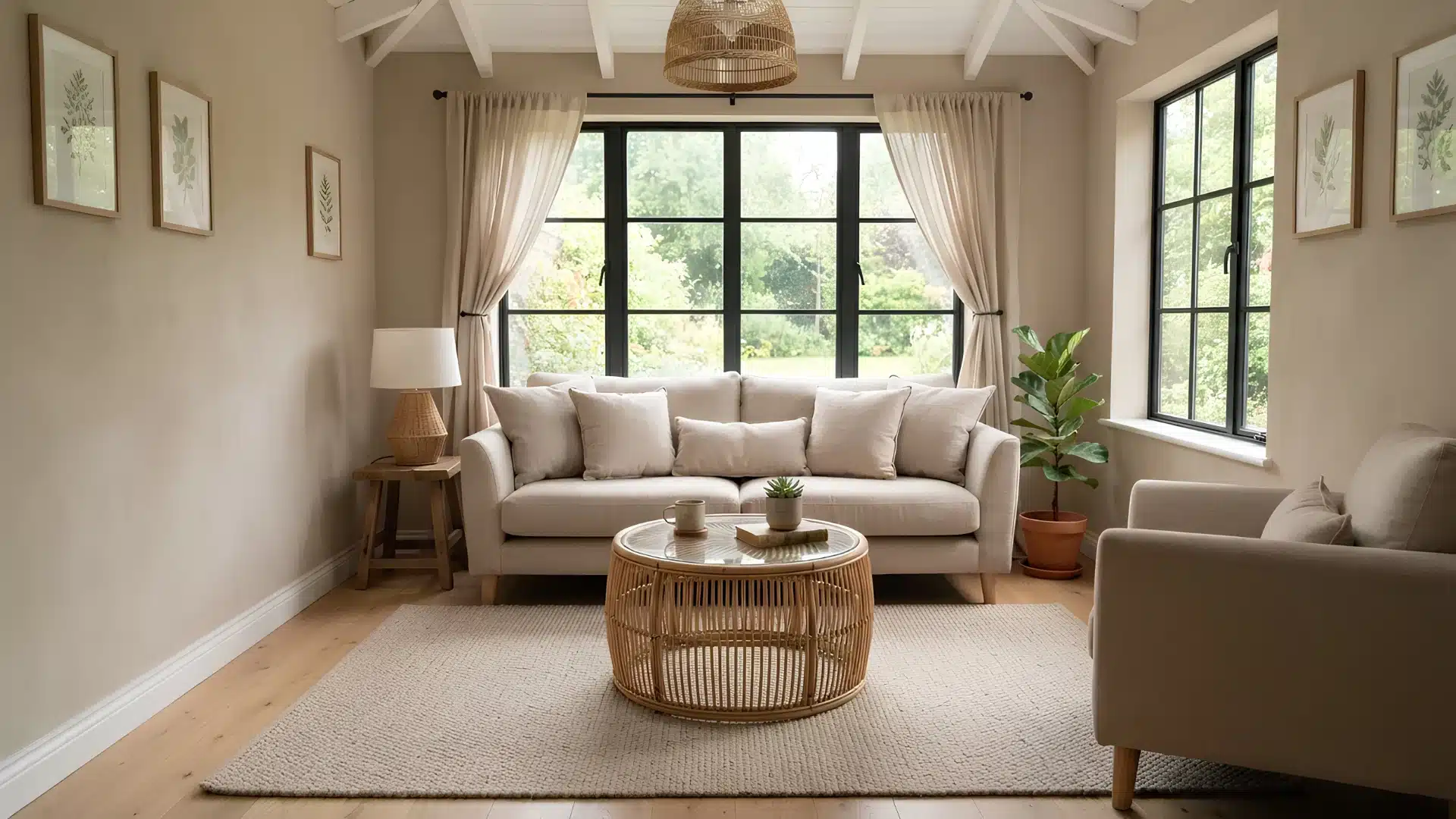 sunroom seating area with matching neutral rug cushions and wall color