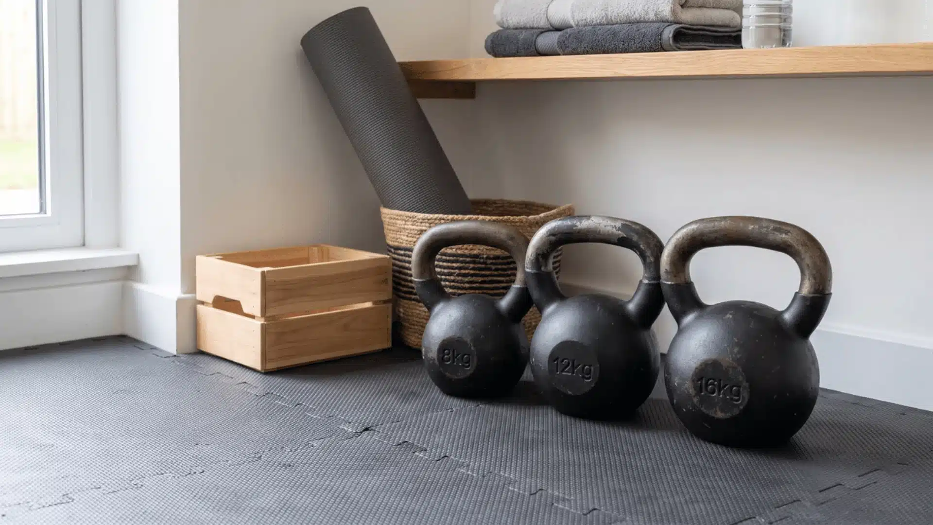 Kettlebells placed in a small home gym corner