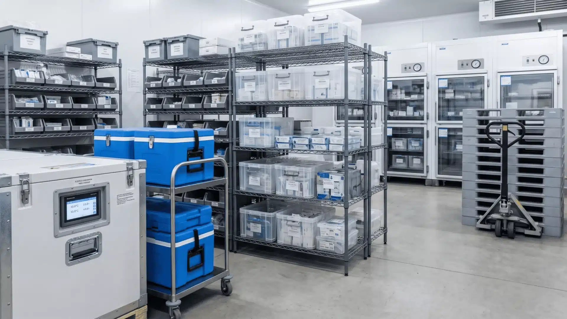 Medical containers and storage equipment in a healthcare logistics facility