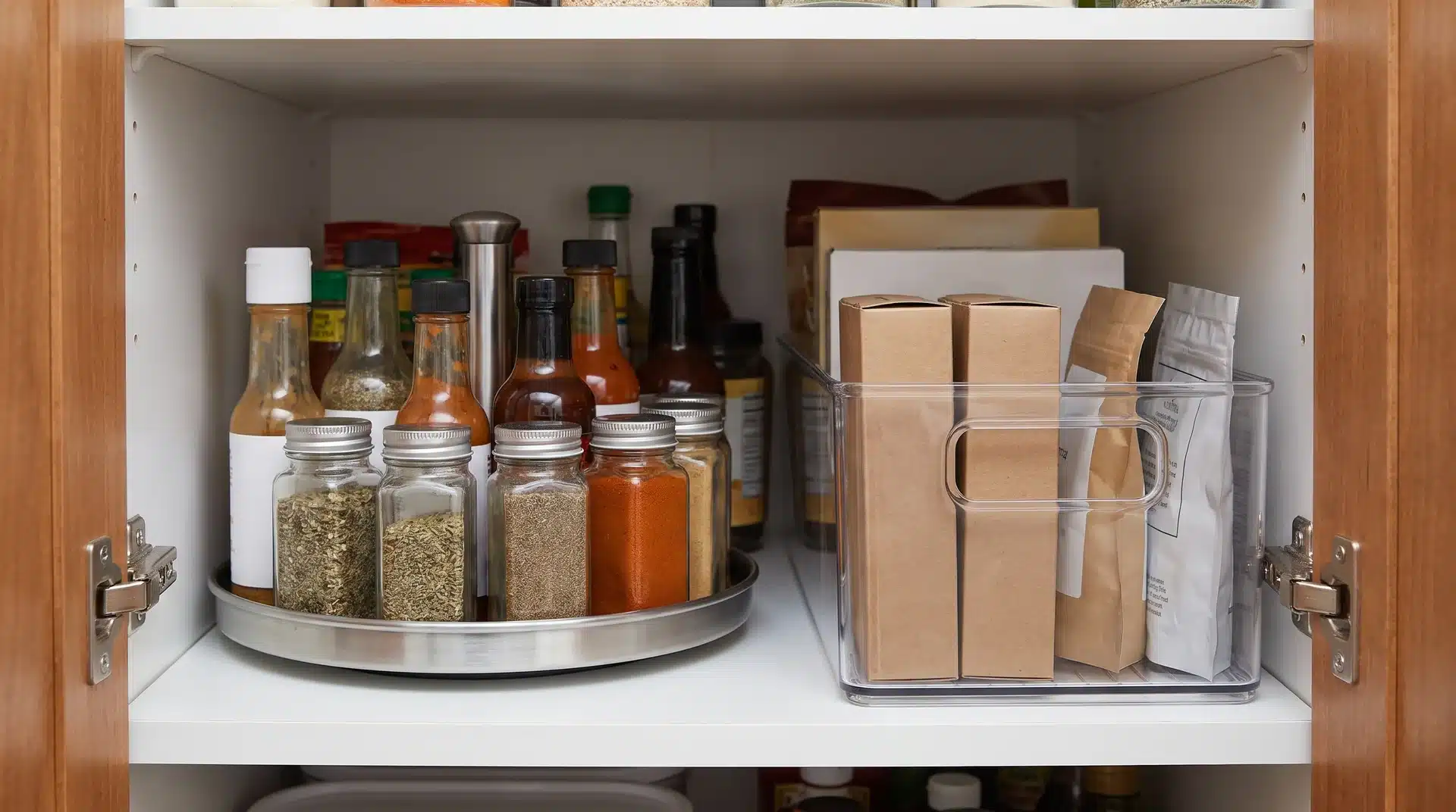 Kitchen cabinet shelf with spice jars, condiment bottles, and organized storage bins