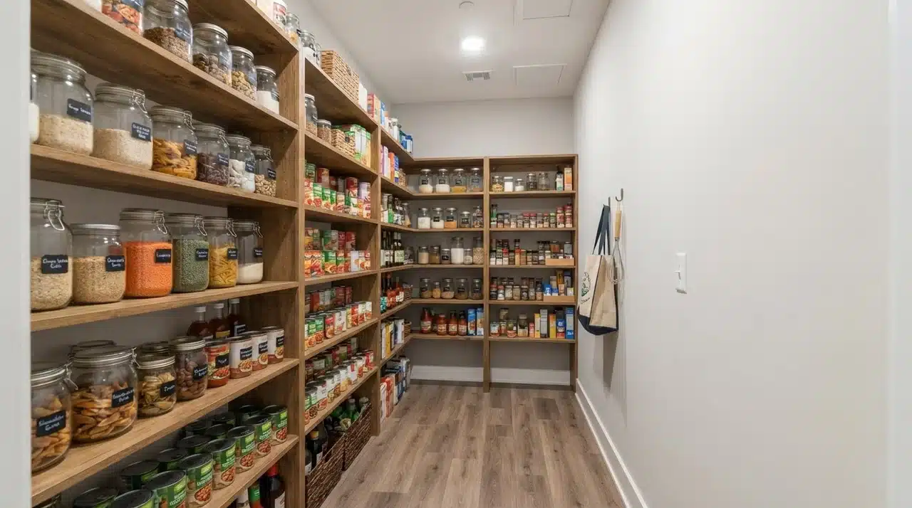 L-shaped pantry shelving with one long side wall run and a shallower back wall return, aisle open on opposite side