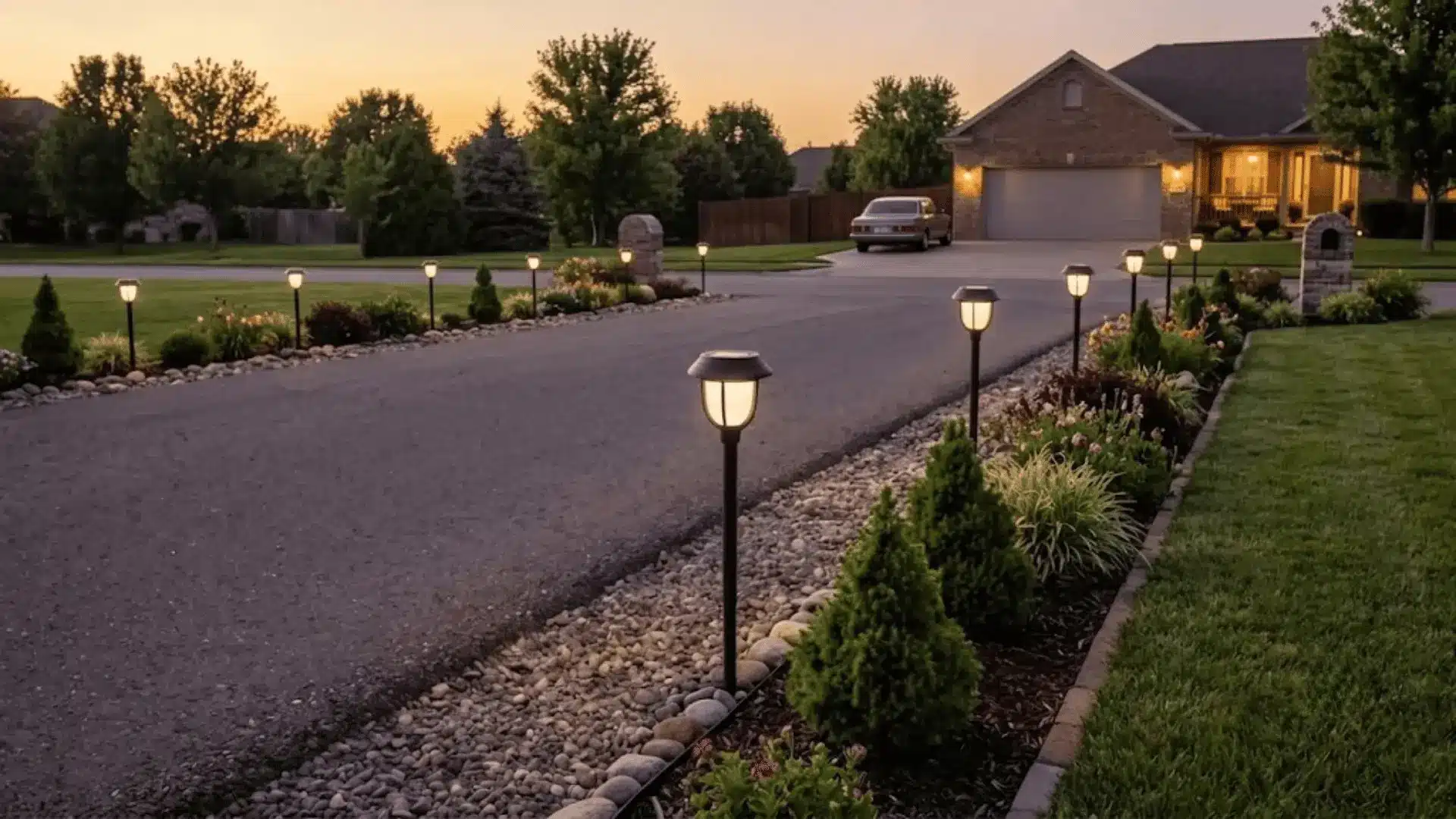 Landscape path lights along a driveway with garden beds at dusk