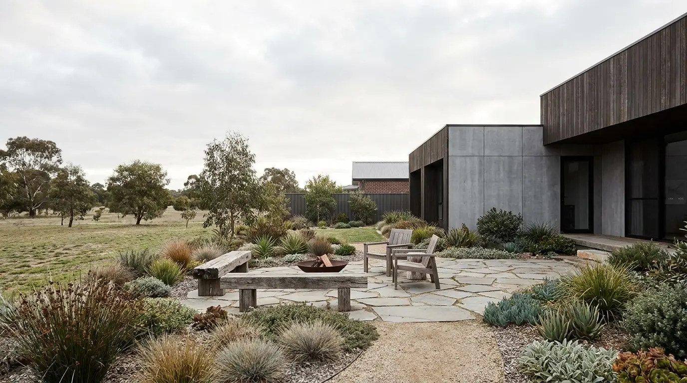 Outdoor patio with wooden chairs and fire pit in a landscaped garden setting