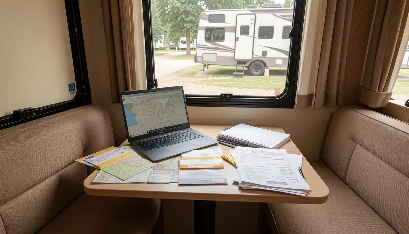 Laptop, maps, and documents on a dinette table inside an RV overlooking a campsite.