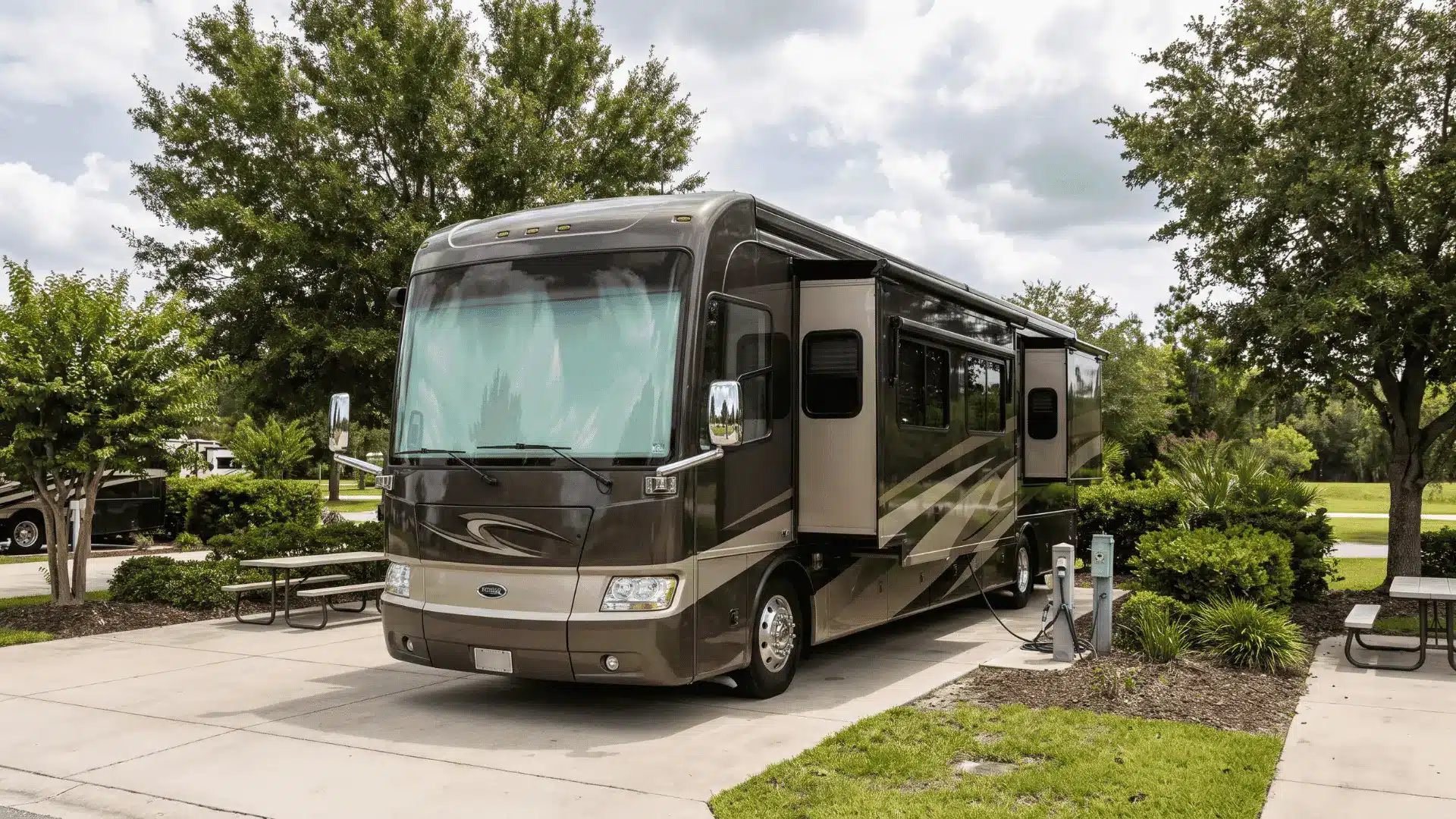Large Class A motorhome with slide-outs parked at a spacious long-term RV site.