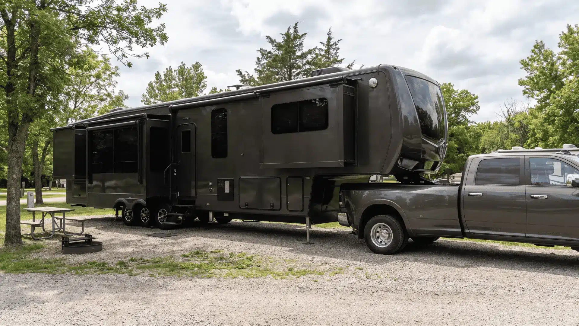 Large fifth-wheel RV correctly connected to a pickup truck at a long-stay campsite.