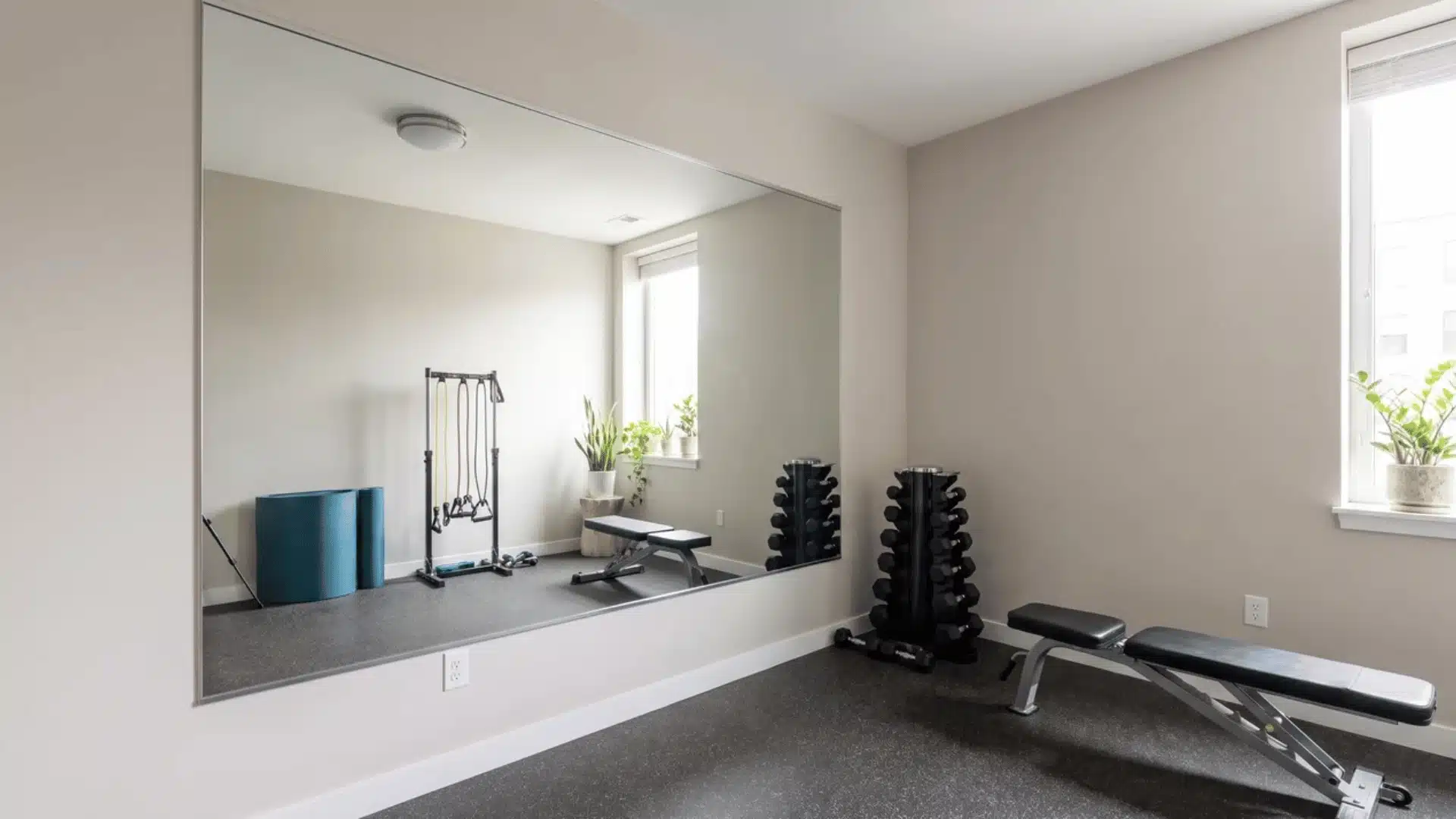 Large mirror installed on a wall in a small home gym