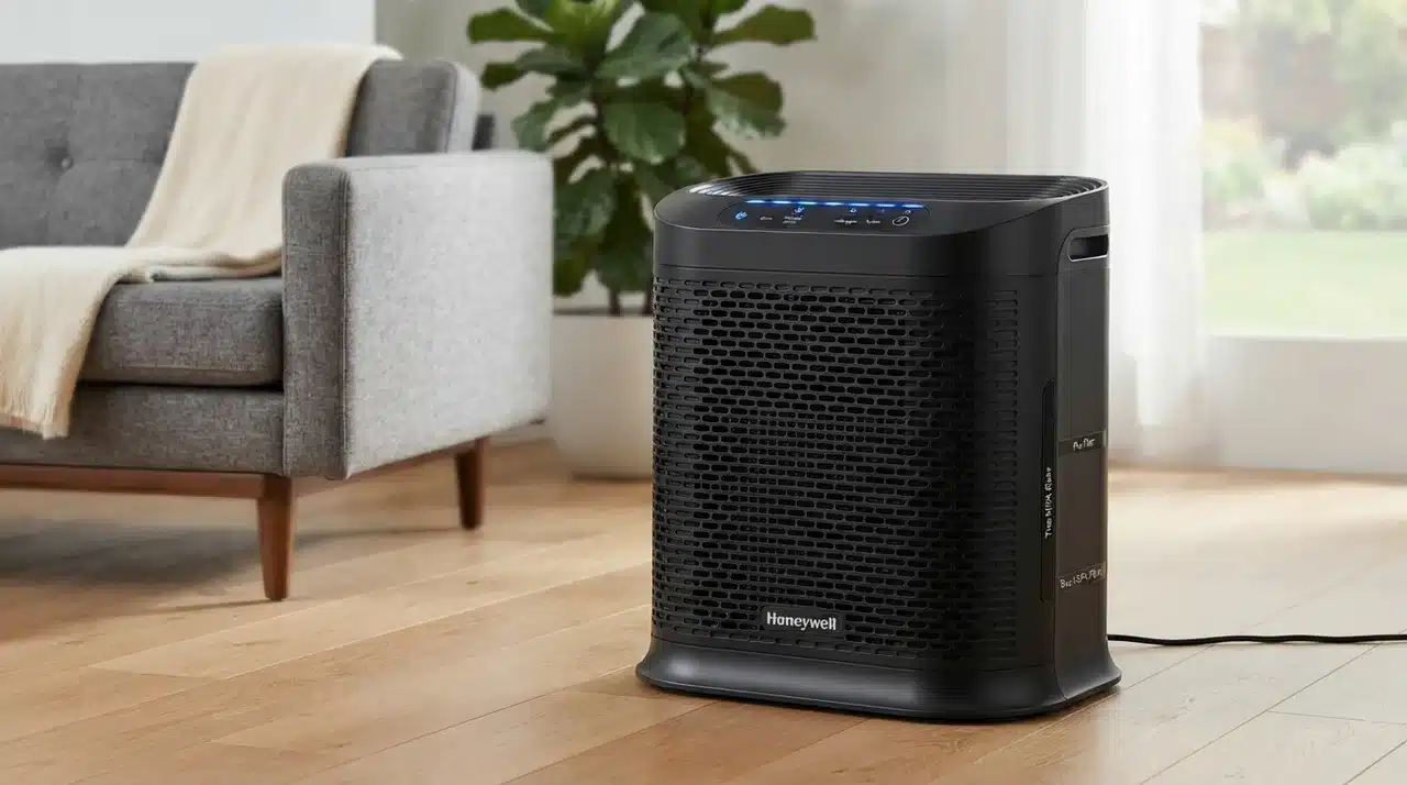 Large rectangular tower air purifier with front grille in a spacious living room