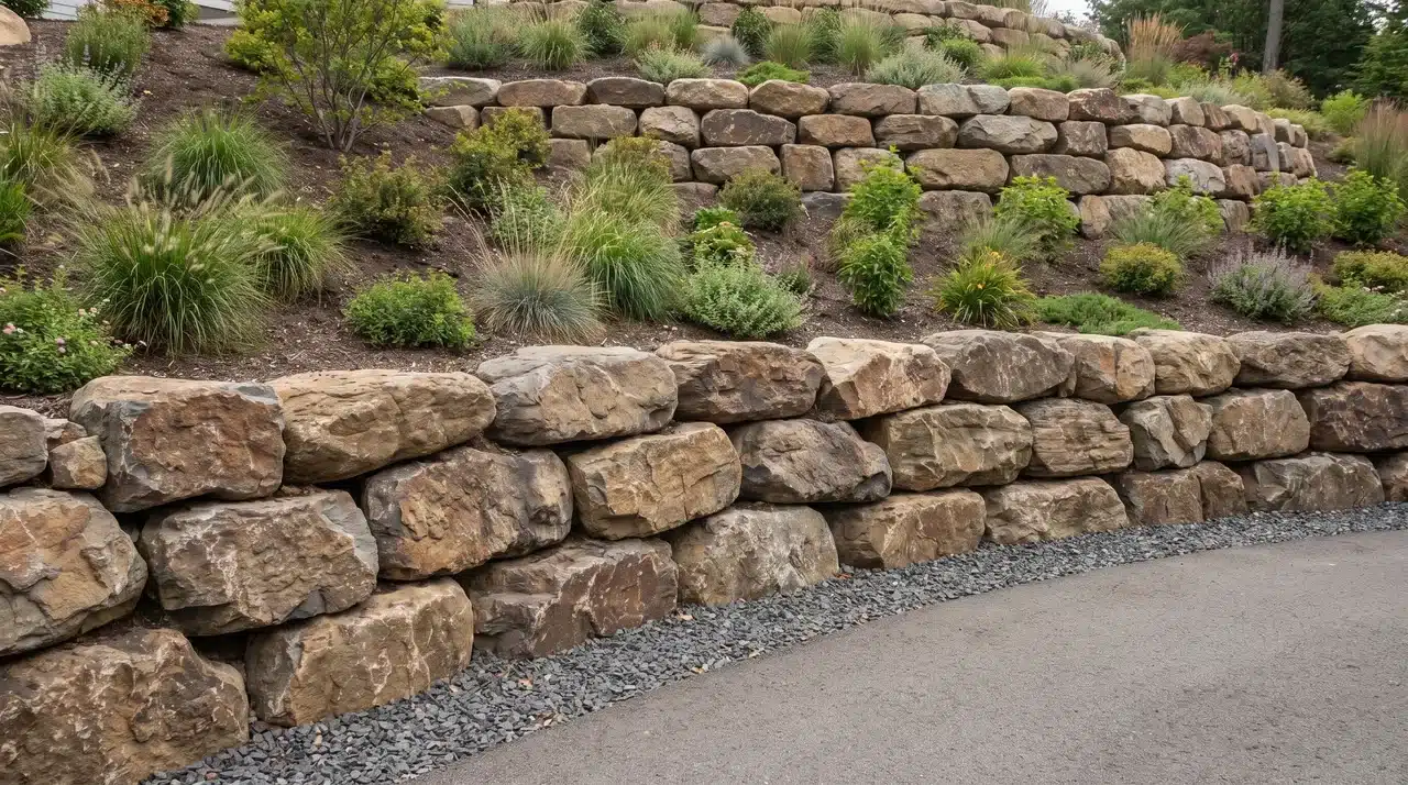Large stacked boulders forming two retaining walls on a planted landscaped slope.
