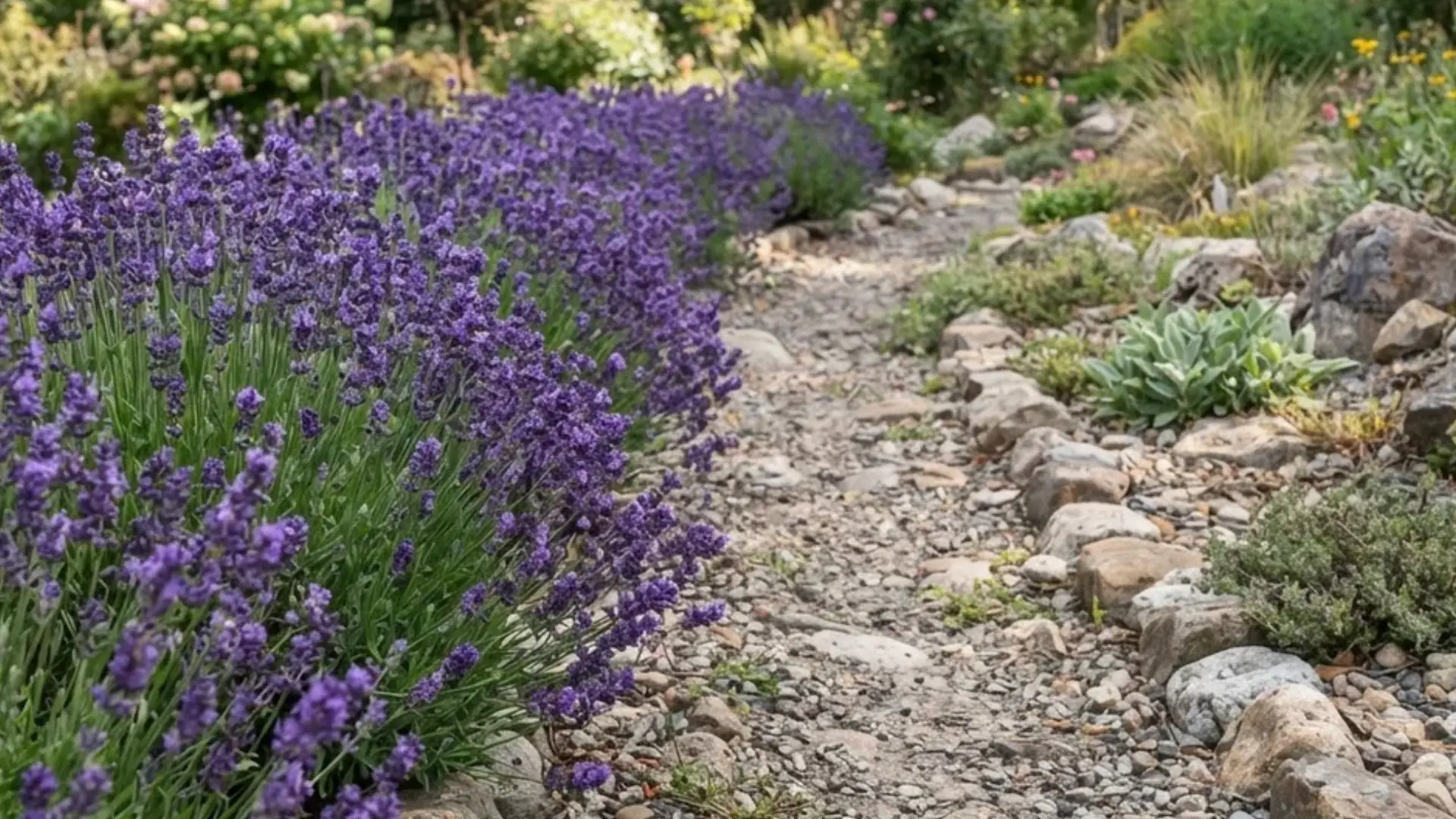 Lavender plants in bloom bordering the edge of a small gravel and rock garden bed