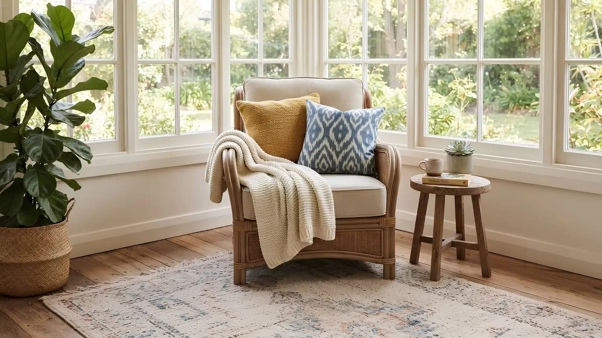 rug cushions and throw blanket layered in a sunroom seating corner