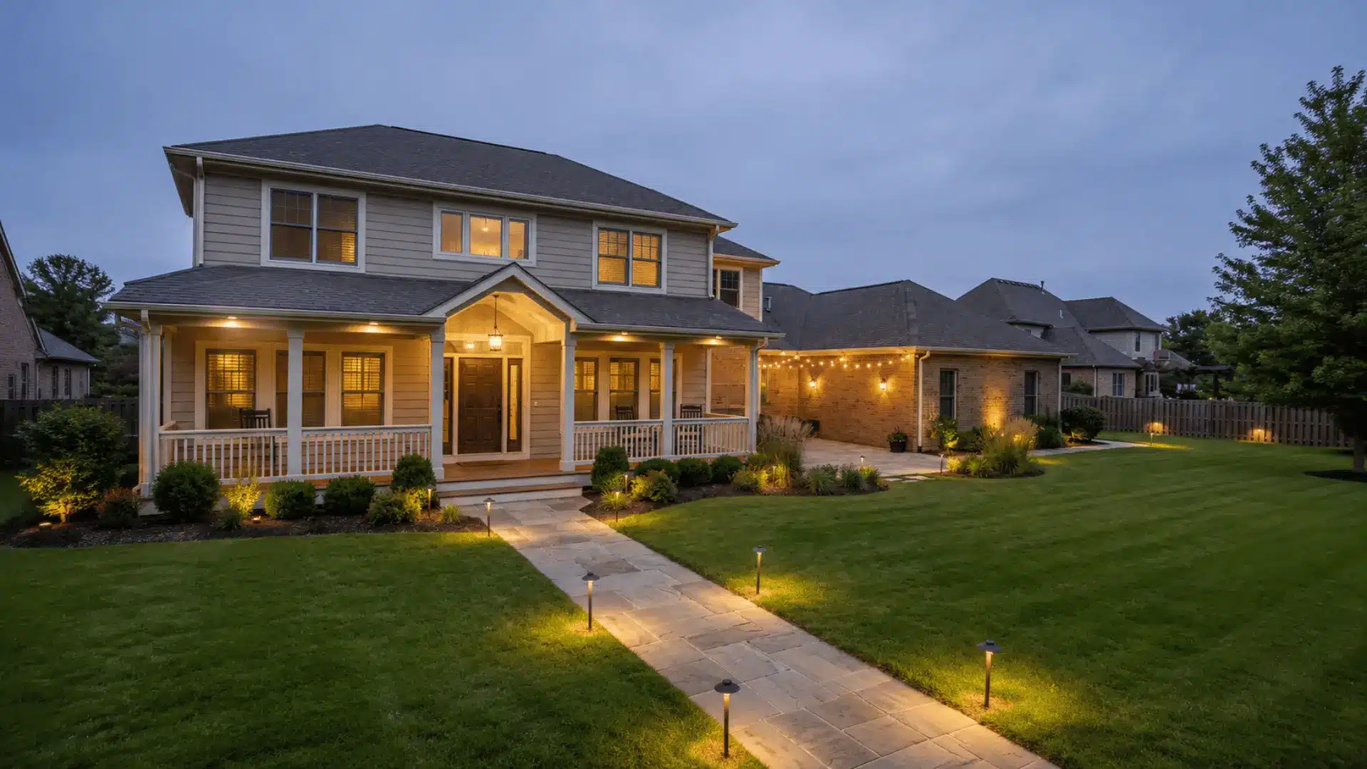 Two-story suburban home at dusk with illuminated porch, pathway lights, landscaped lawn, and warm exterior lighting.