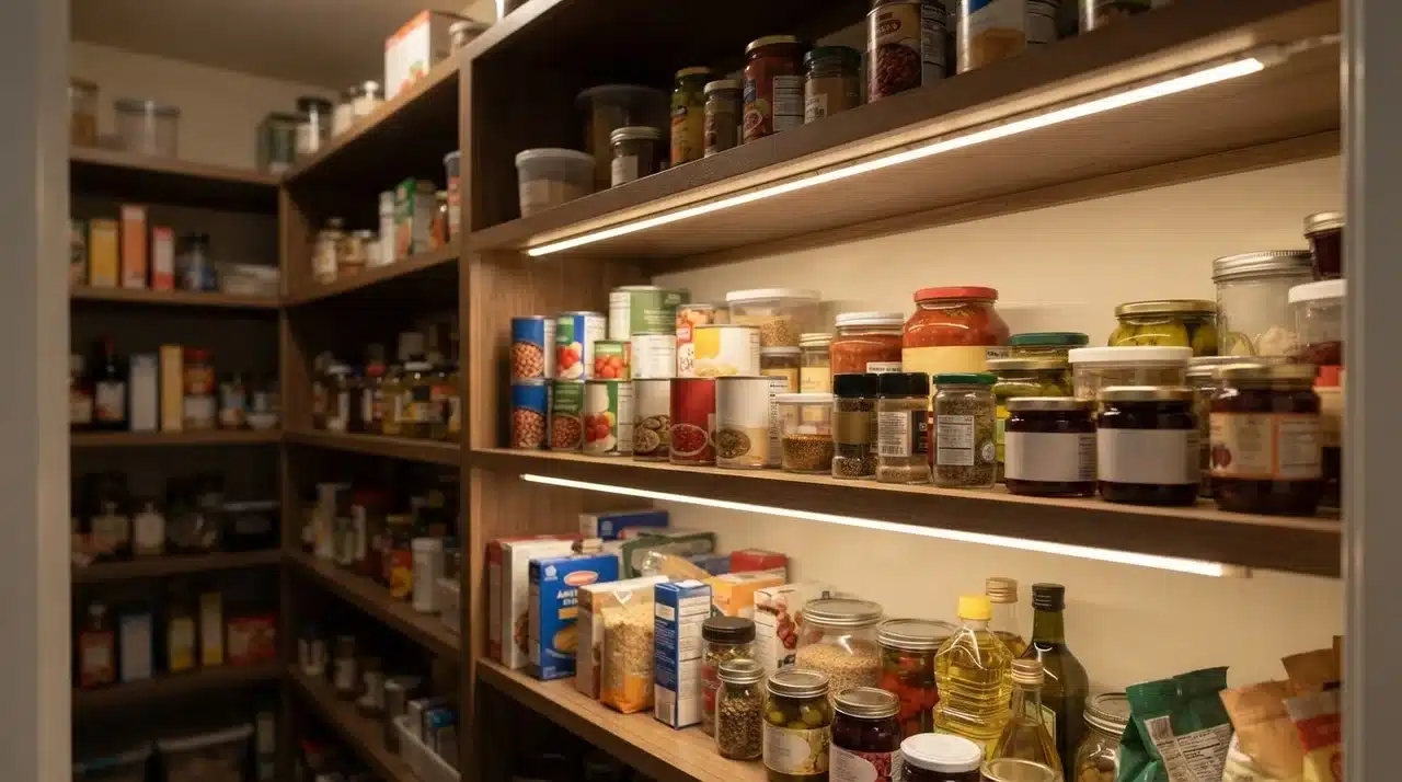LED strip lights on the underside of two pantry shelves illuminating cans and jars on the levels below
