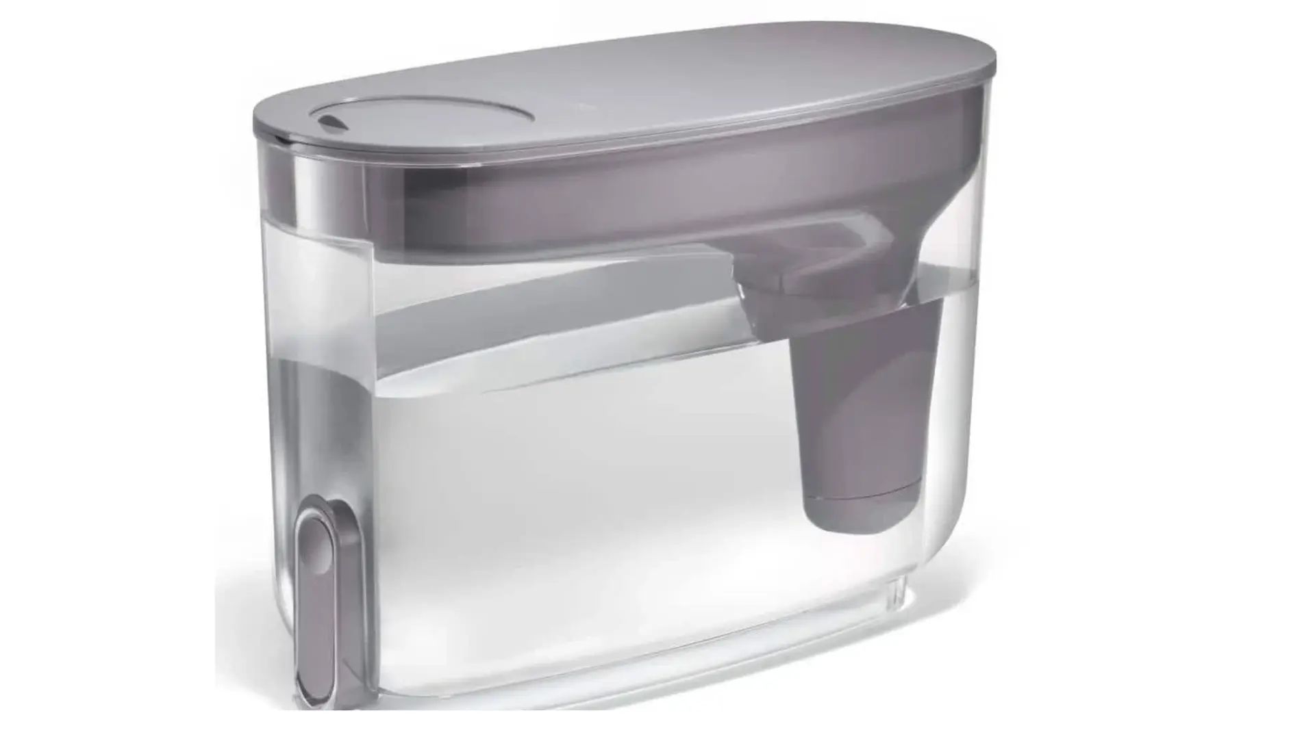 LifeStraw Home water filter dispenser with a clear reservoir, gray lid, and internal filtration cartridge