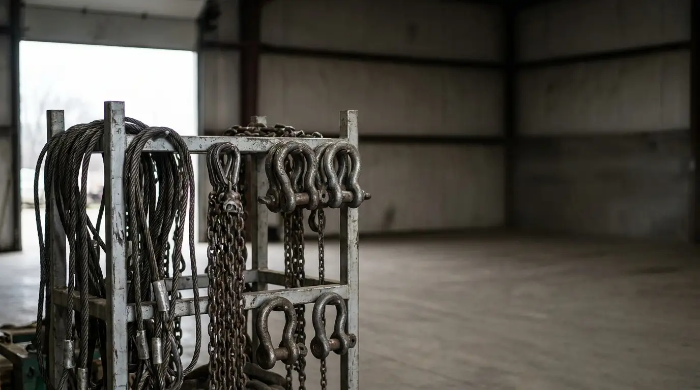 Metal chains and hooks hanging on a rack in an empty warehouse setting