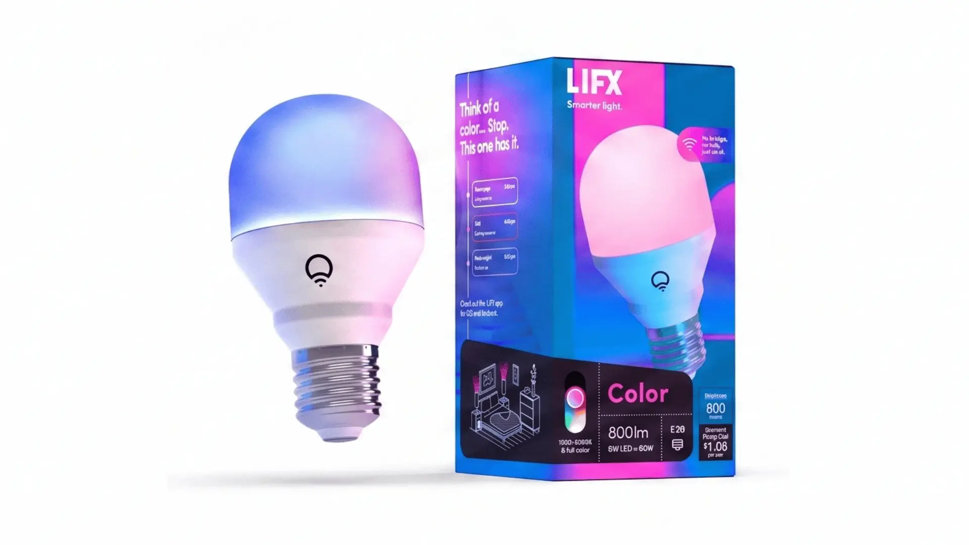 LIFX color-changing smart light bulb glowing blue and purple beside its retail box.