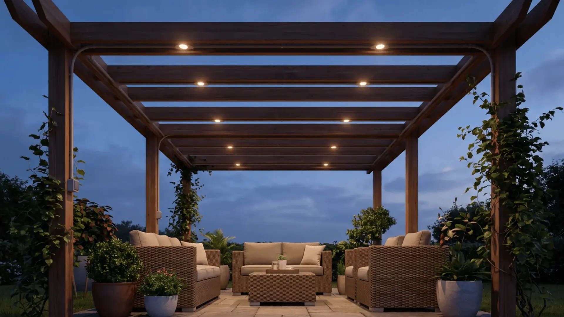 Lights mounted along pergola beams above an outdoor seating area