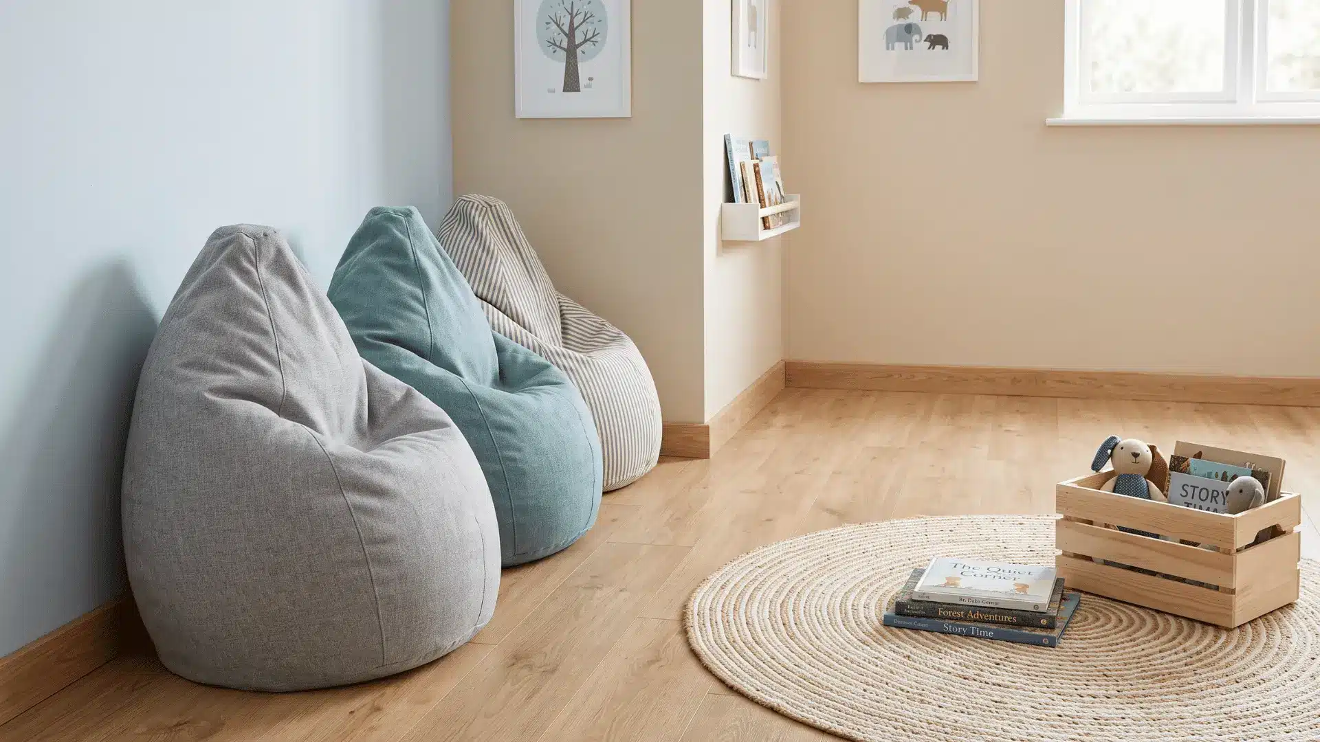Lightweight bean bags stored upright in a playroom corner beside an open floor area