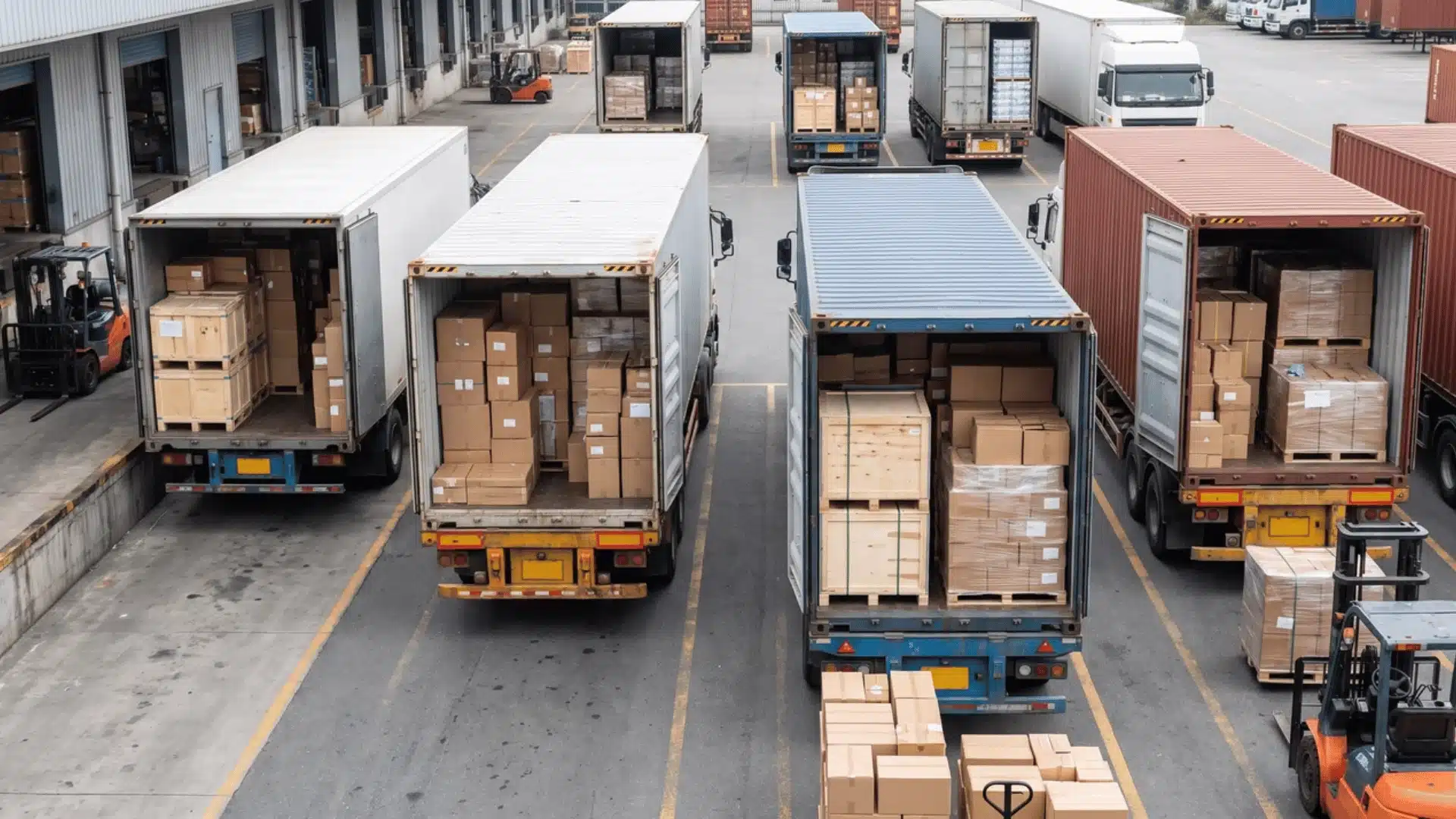 Loading area with trucks and containers packed with goods to maximize space