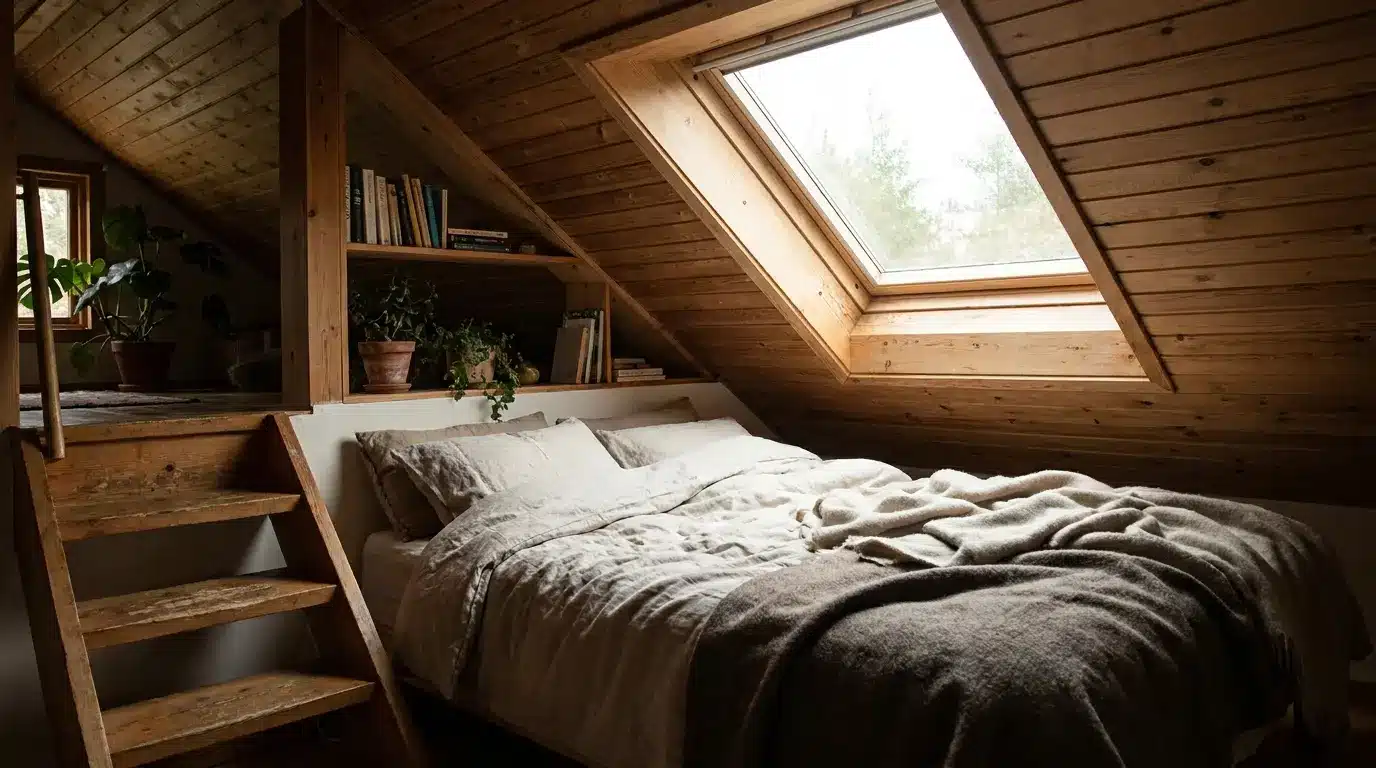 Loft bedroom with a skylight letting in natural daylight