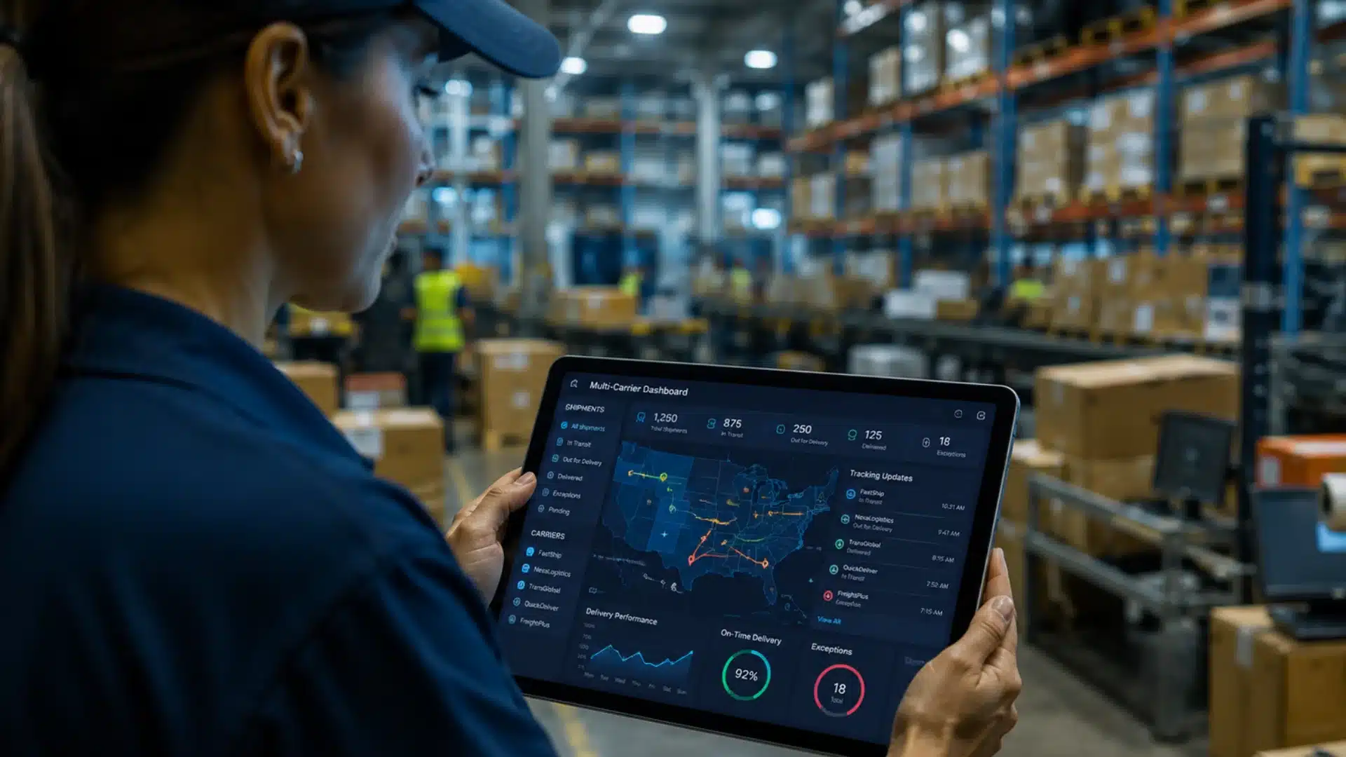 Logistics coordinator using shipping software to manage first mile logistics