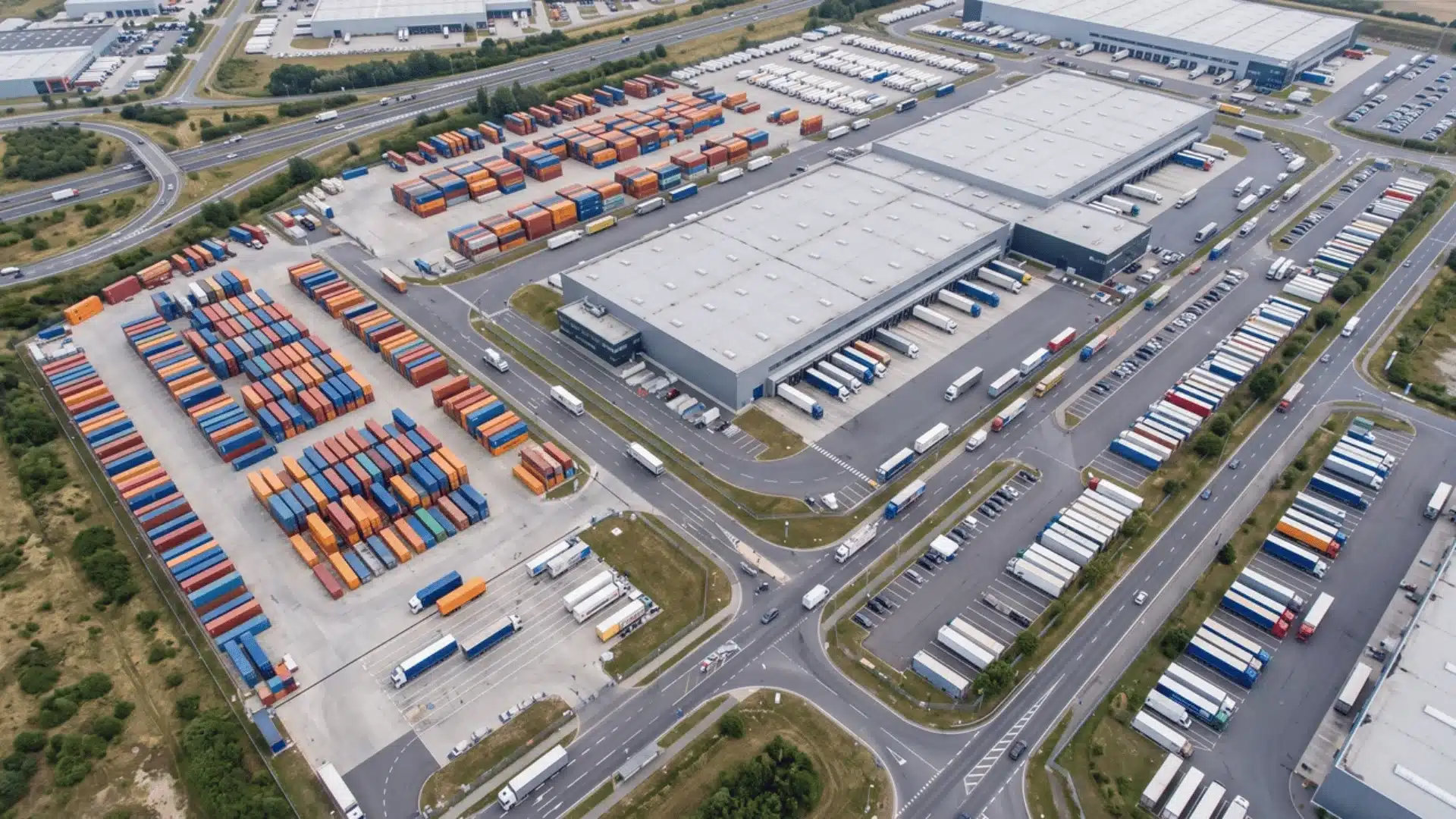 Aerial view of a logistics hub with warehouses, trucks, containers, and connected distribution operations