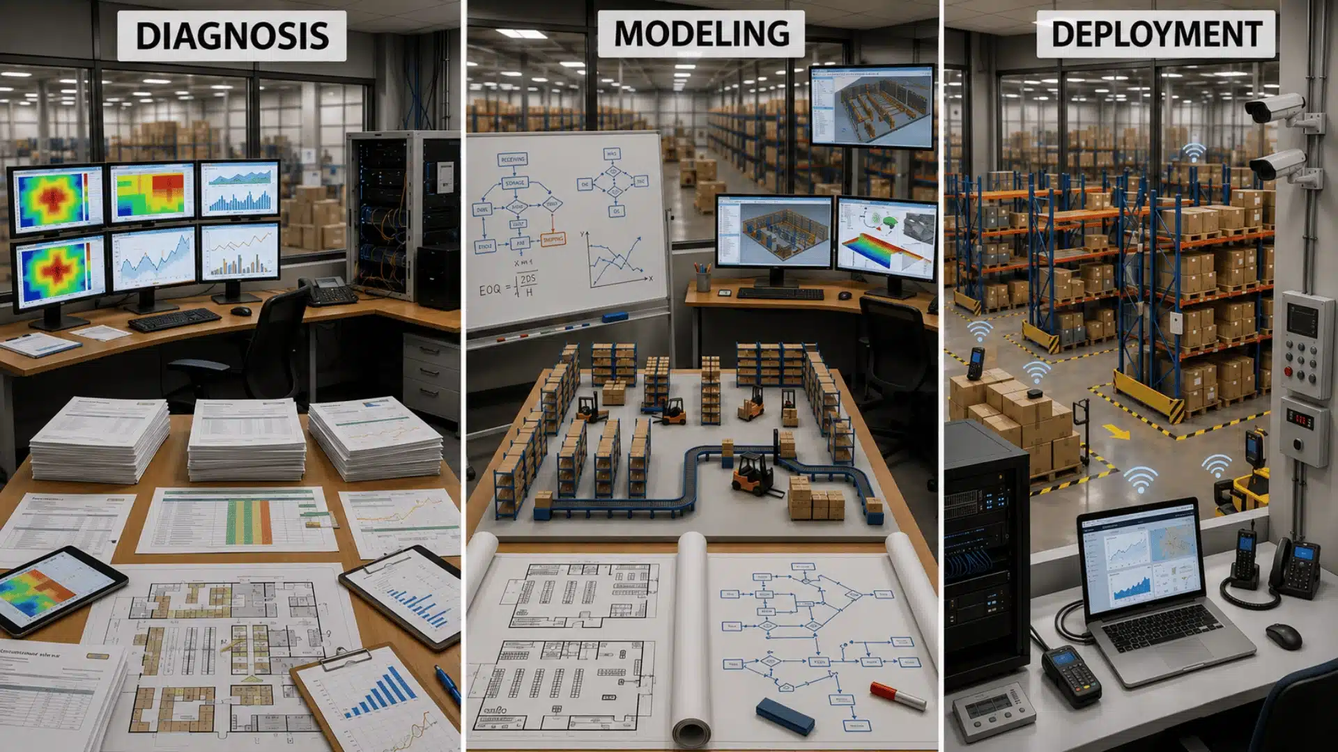 Logistics optimization phases showing diagnosis, modeling, and deployment across a warehouse operation.