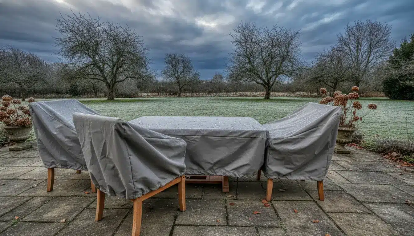Patio furniture covered for winter on a frosty lawn under cloudy sky